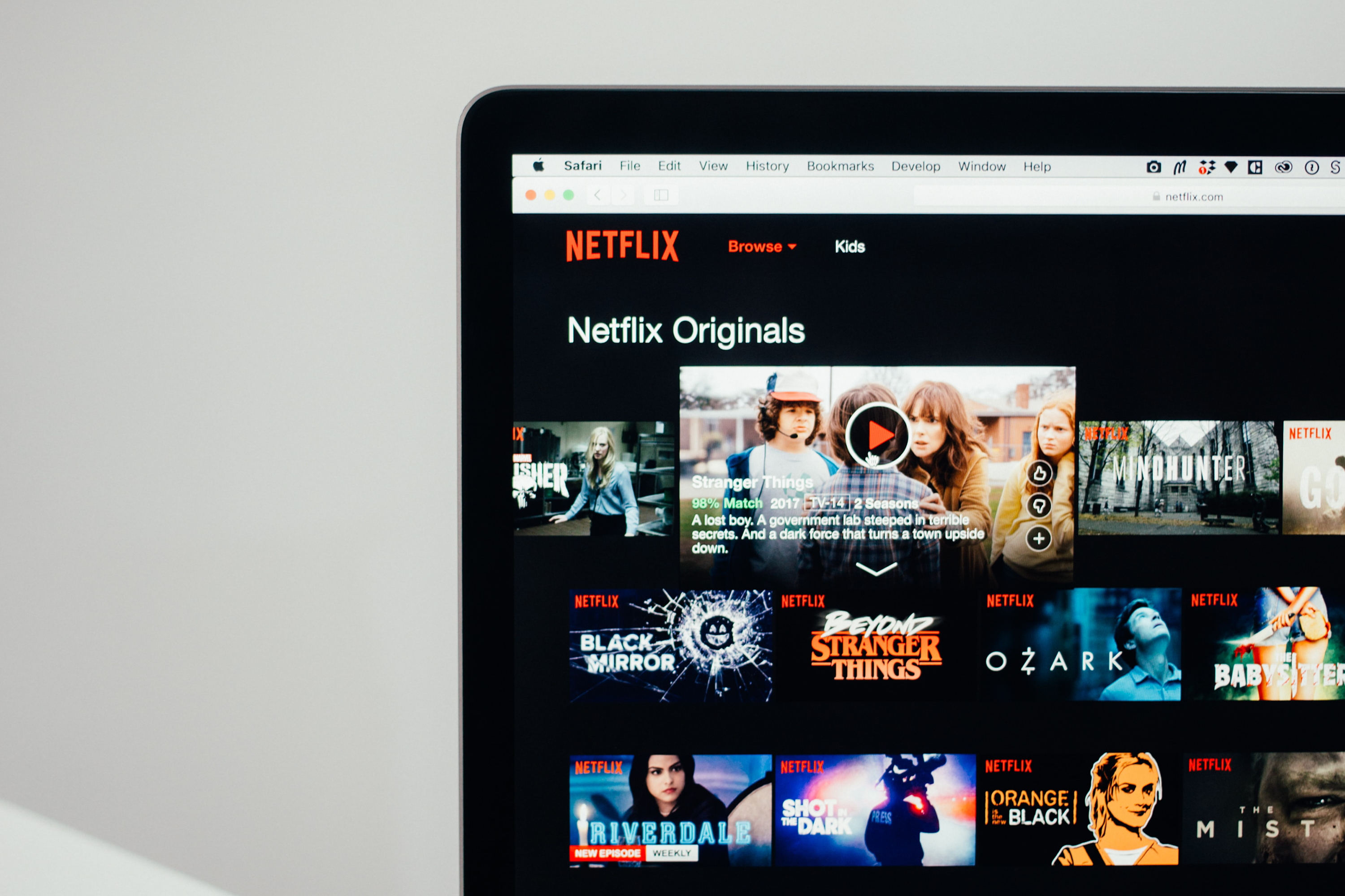Photo of Netflix home page on a computer screen