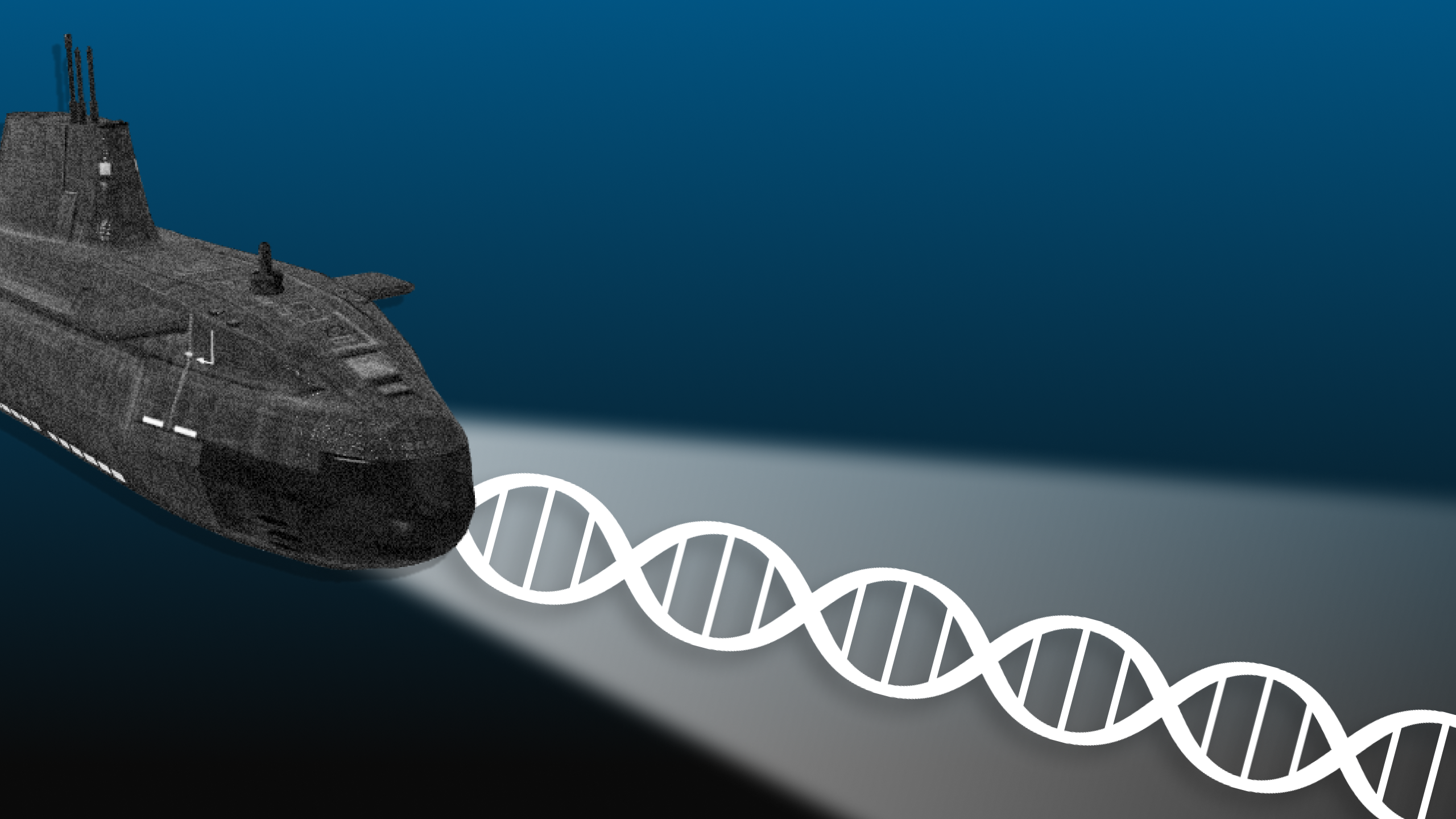 Photo illustration of a submarine shining a light on a strand of DNA