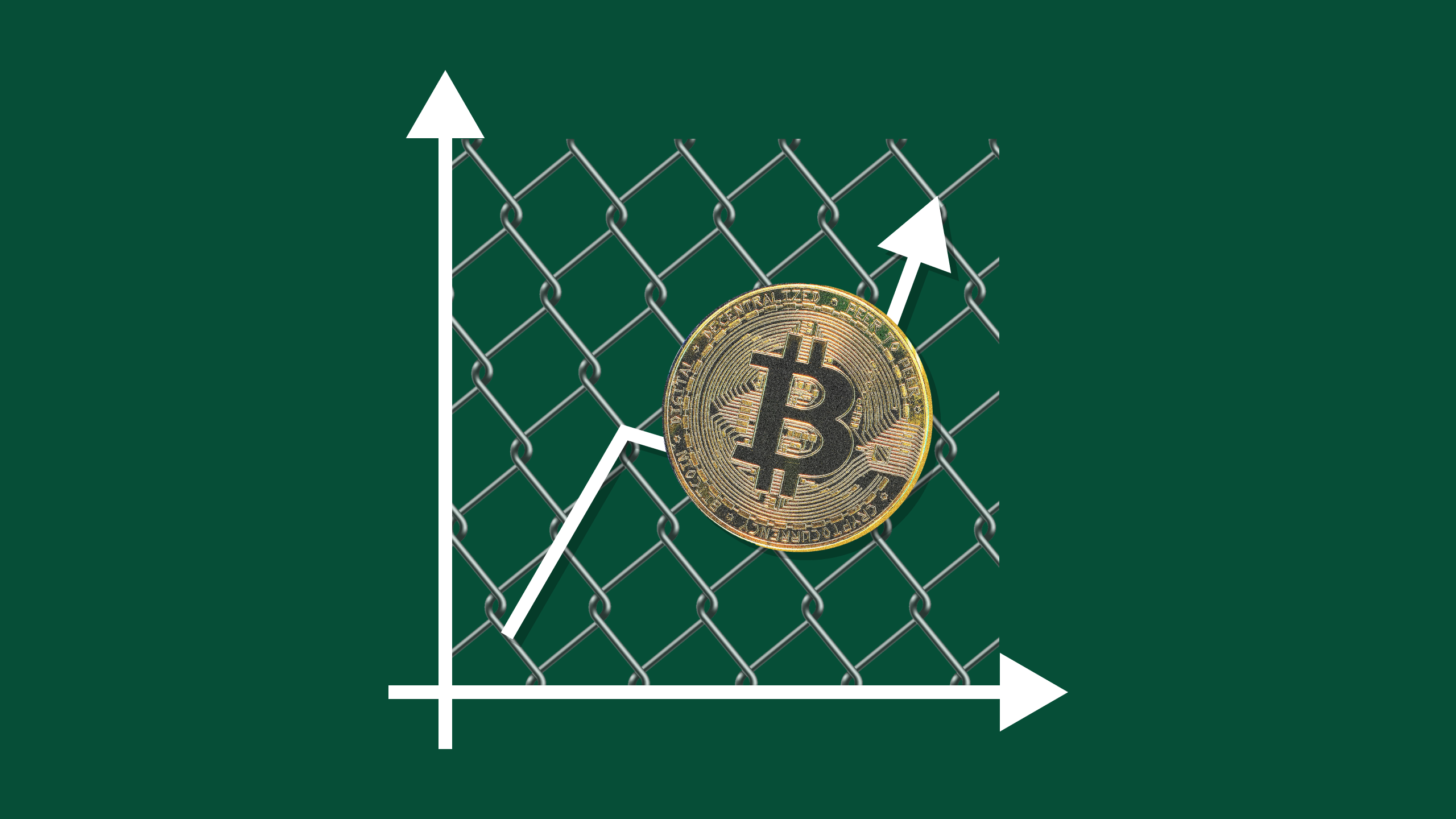Photo illustration of a Bitcoin on a graph made of a chainlink fence with upward arrows, symbolizing how financial advisors are on the fence about Bitcoin ETFs