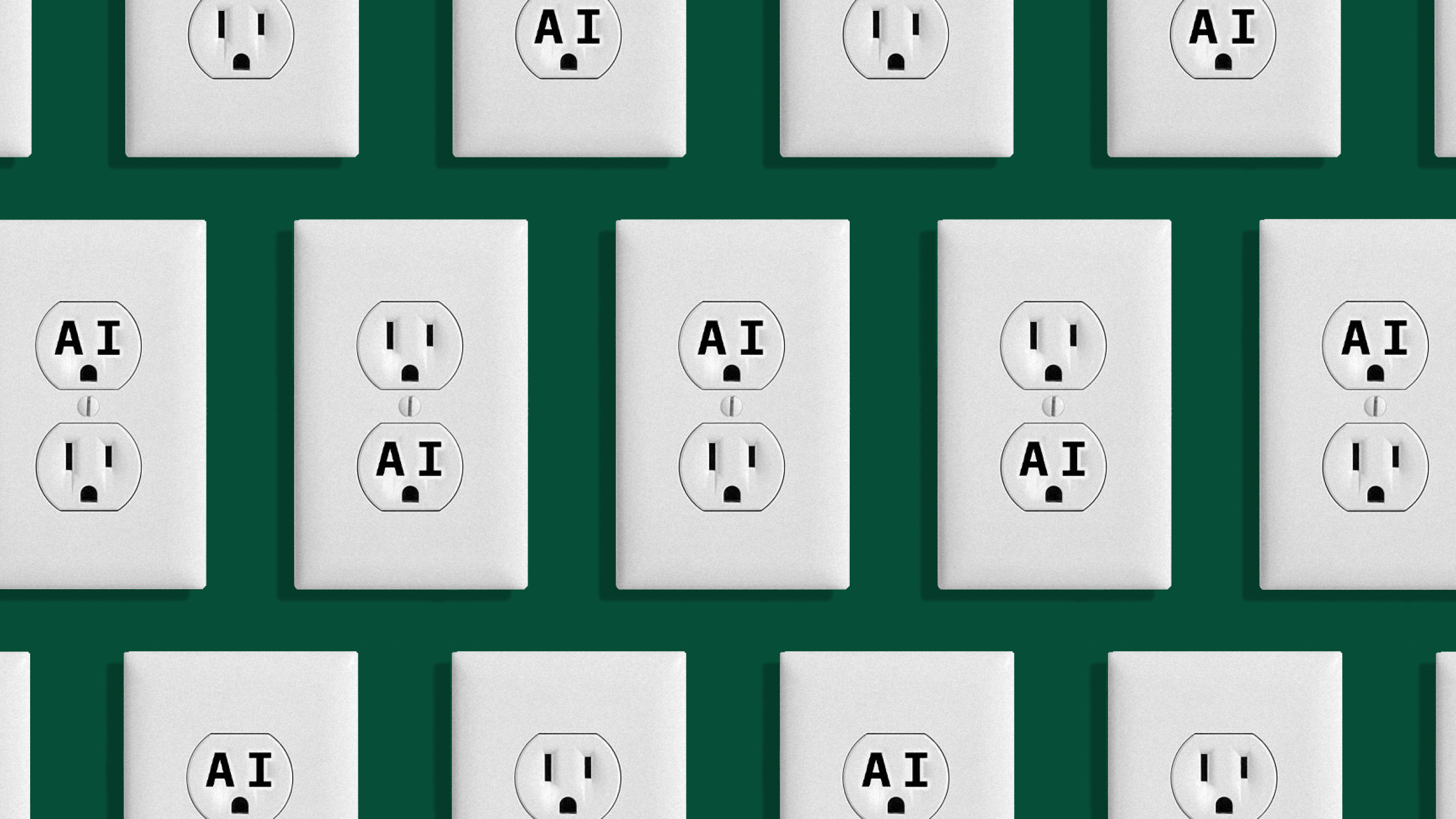 Photo illustration of wall outlets with the letters "A" and "I" inside them, symbolizing the increasing energy scarcity caused by AI