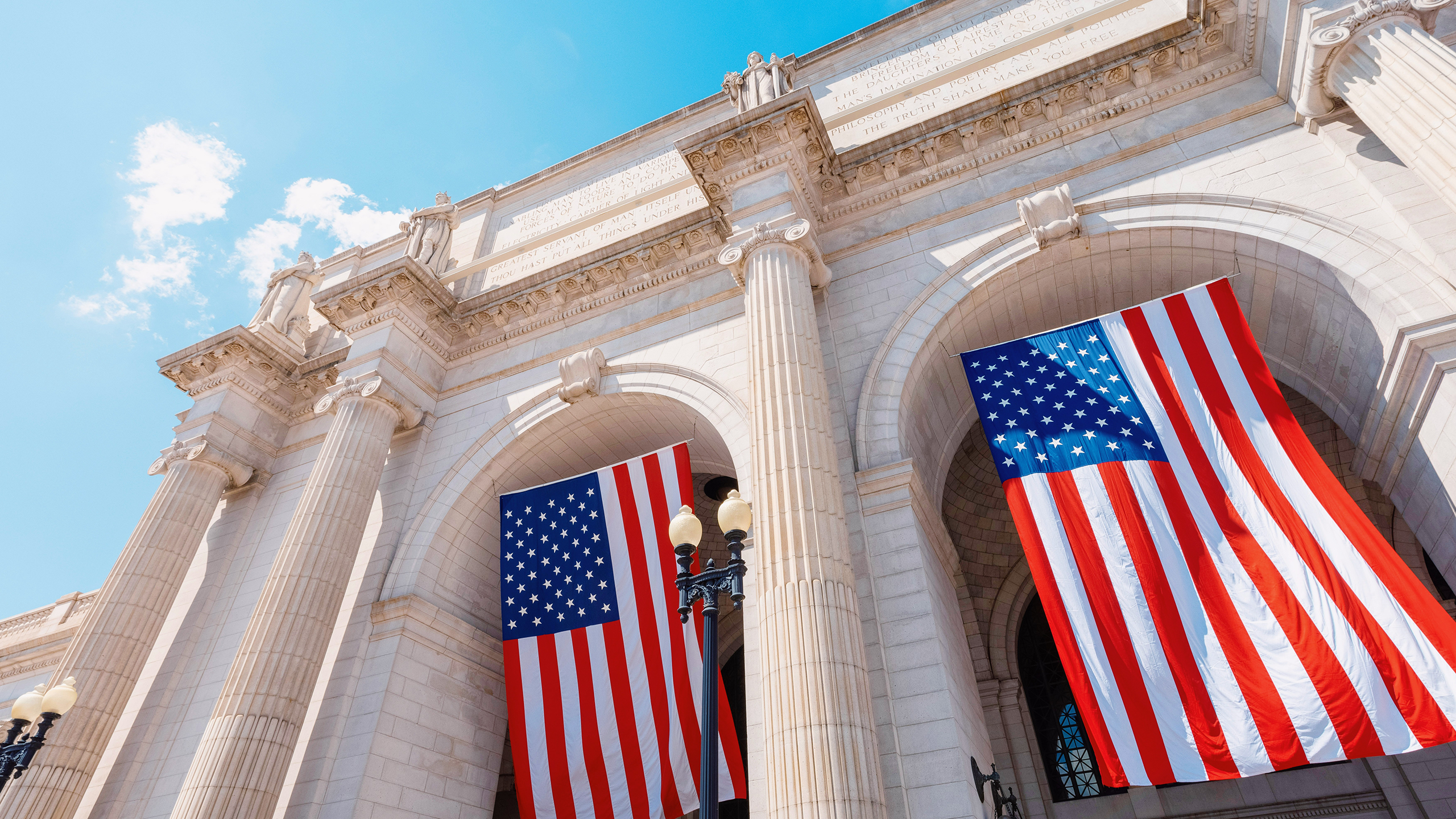 Photo of American flags hanging