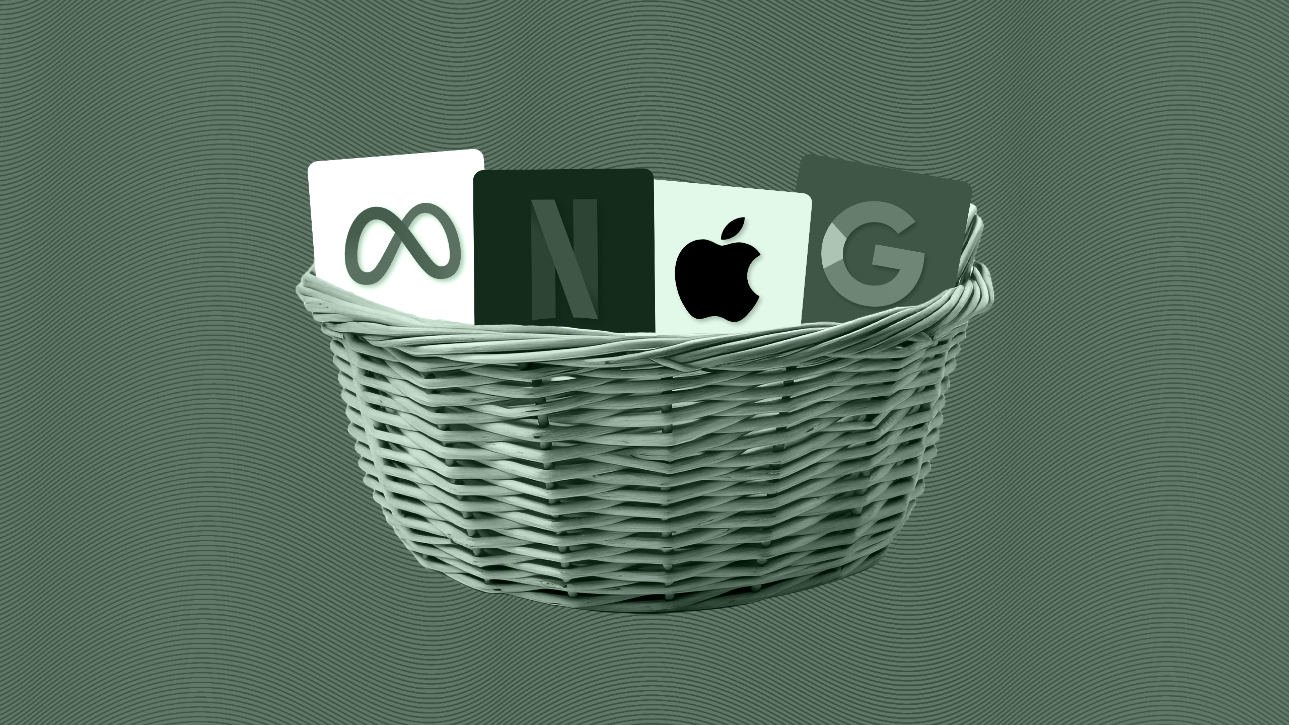 Photo illustration of Meta, Netflix, Apple, and Google logos in a basket