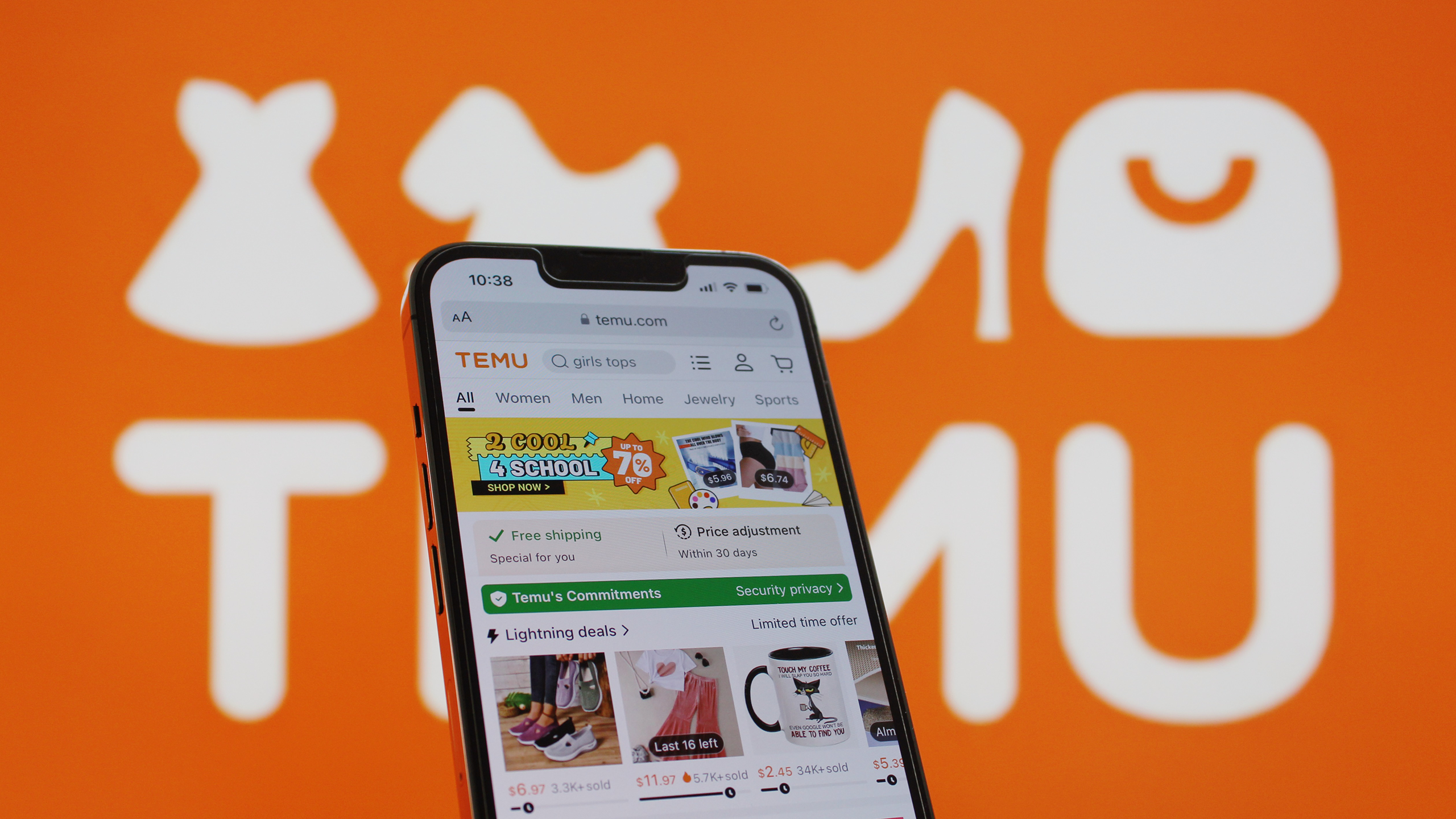 Photo of the Temu website on a phone in front of the Temu logo