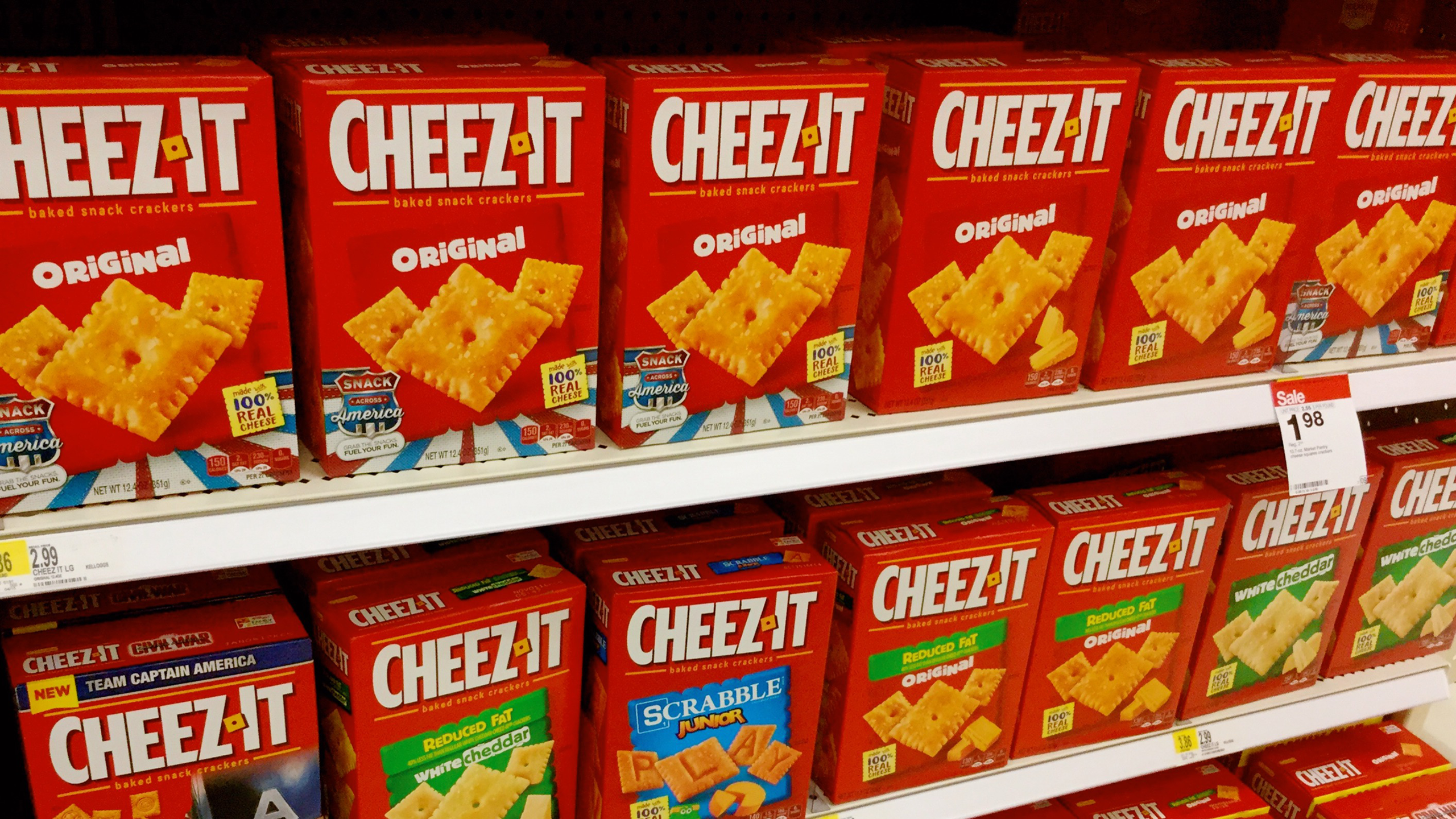 Photo of Cheez It boxes in a grocery store
