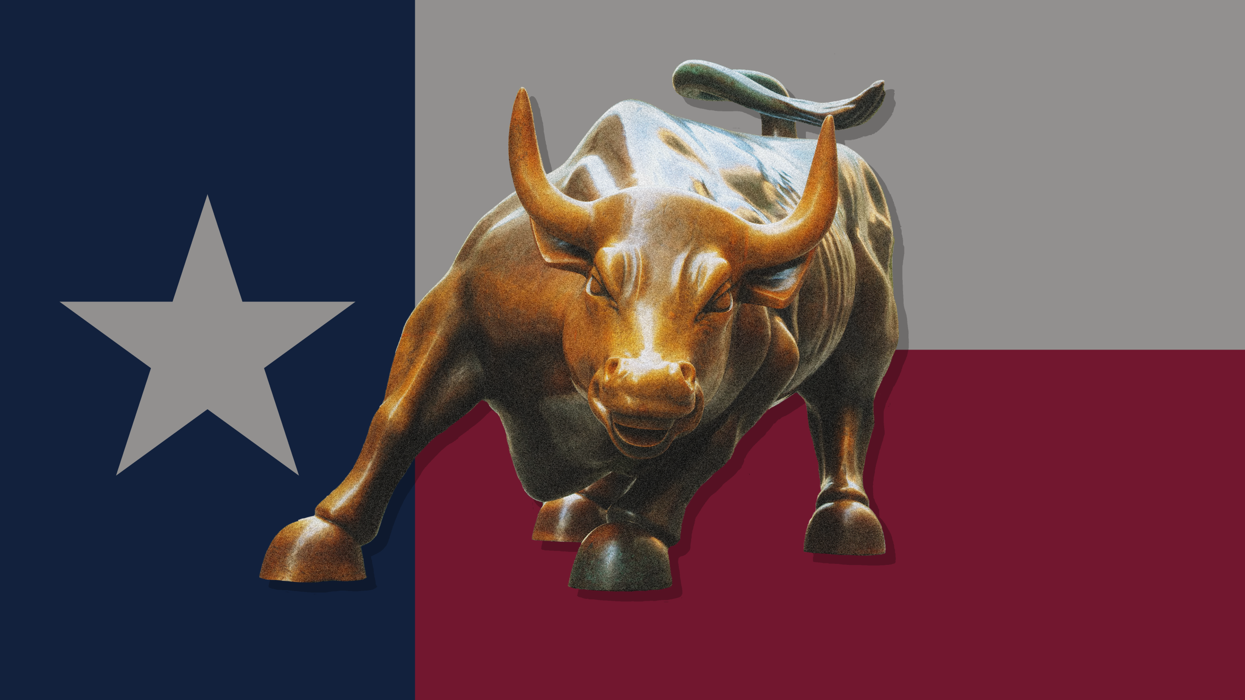 Photo illustration of the Wall Street bull statue overlaid on top of the Texas state flag