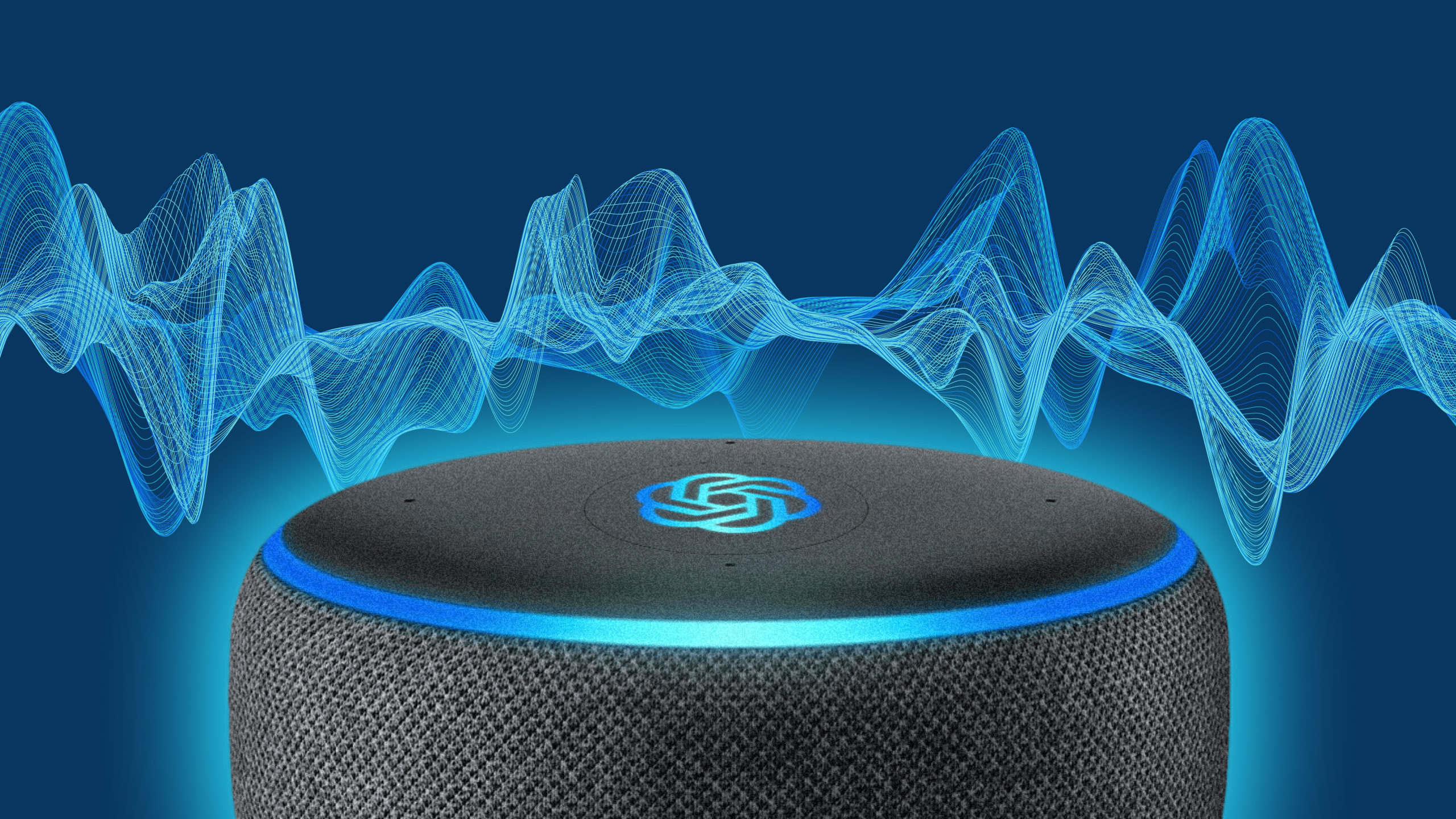 Photo illustration of an Alexa voice assistant device with a ChatGPT button on the top of it, in front of sound waves