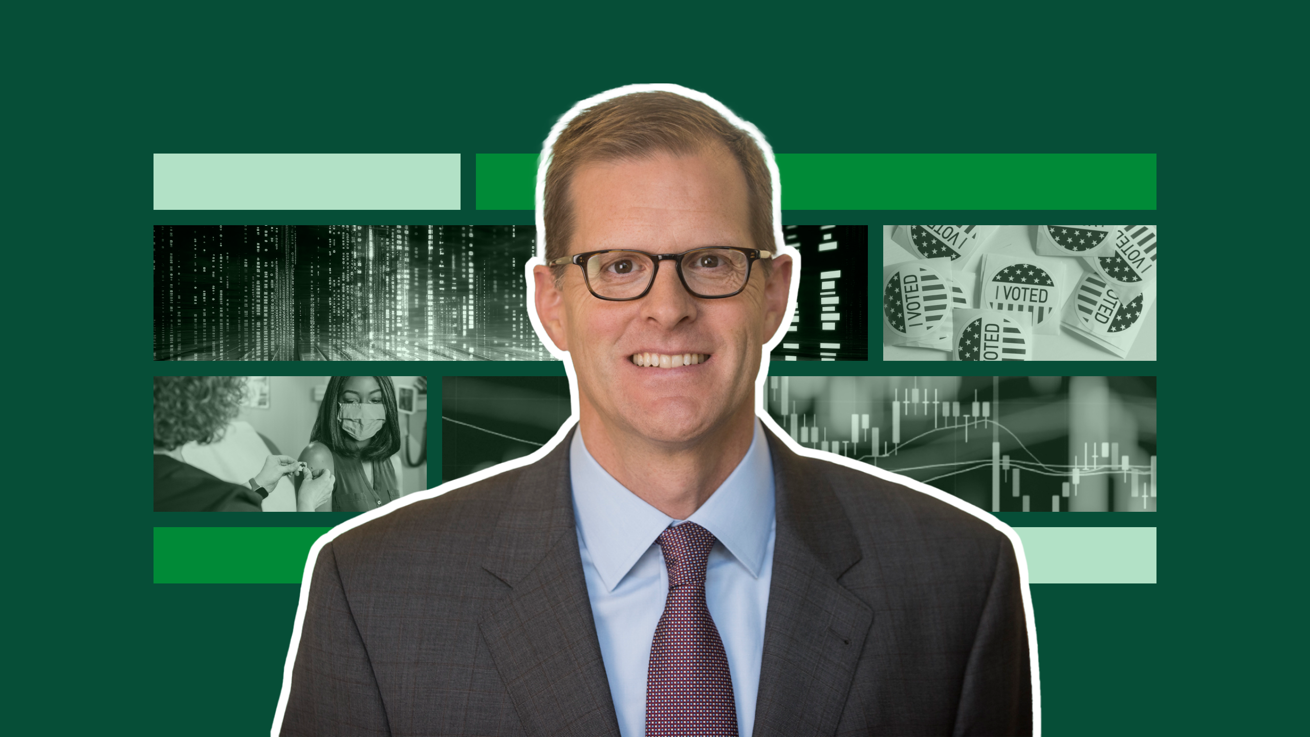 Photo illustration of Vanguard's Dan Newhall in front of photos of AI code, voting stickers, COVID vaccines, and stock charts