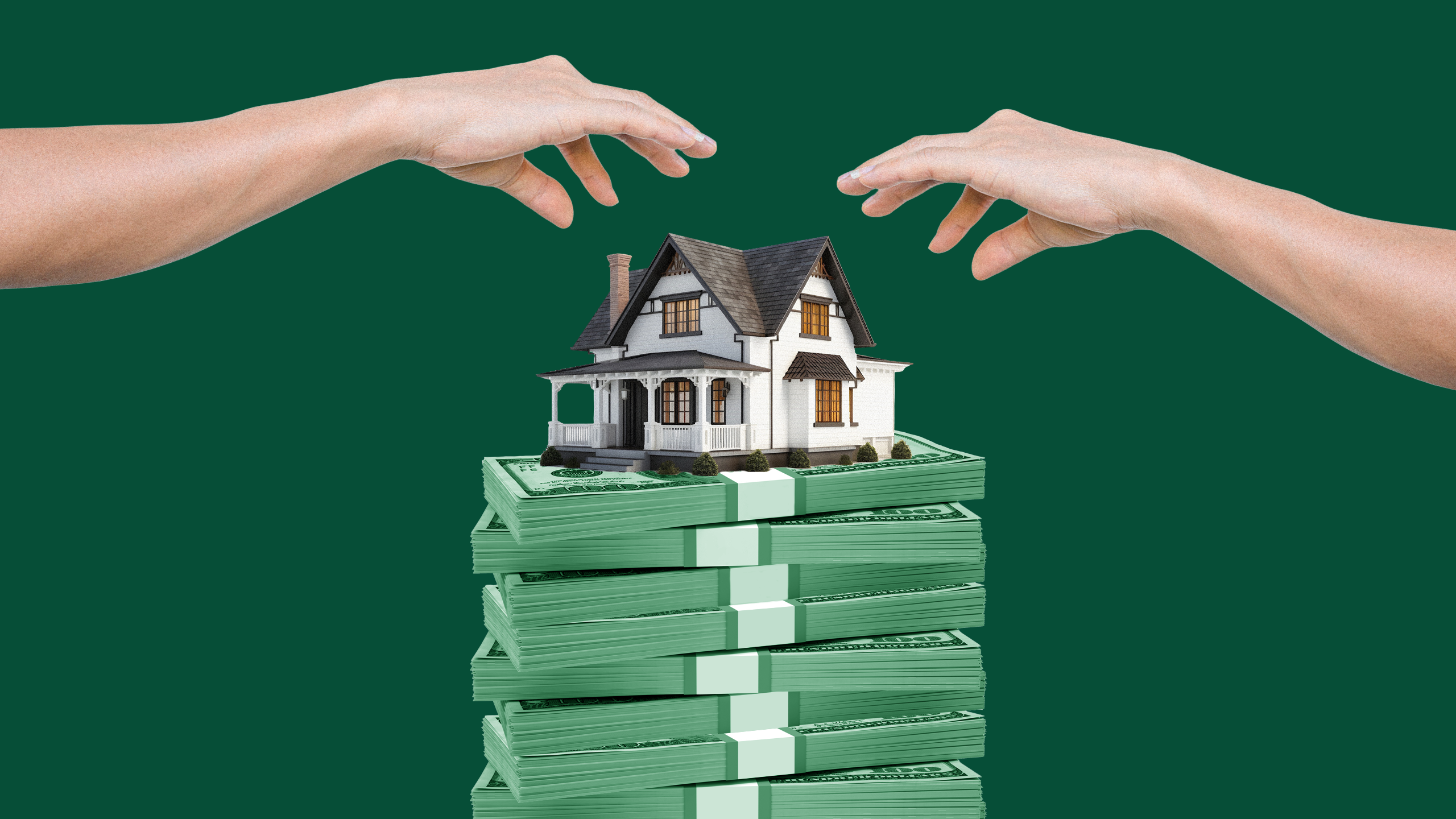 Photo illustration of hands reaching for a house on top of a stack of money, symbolizing the Great Wealth Transfer and how it will impact the housing market