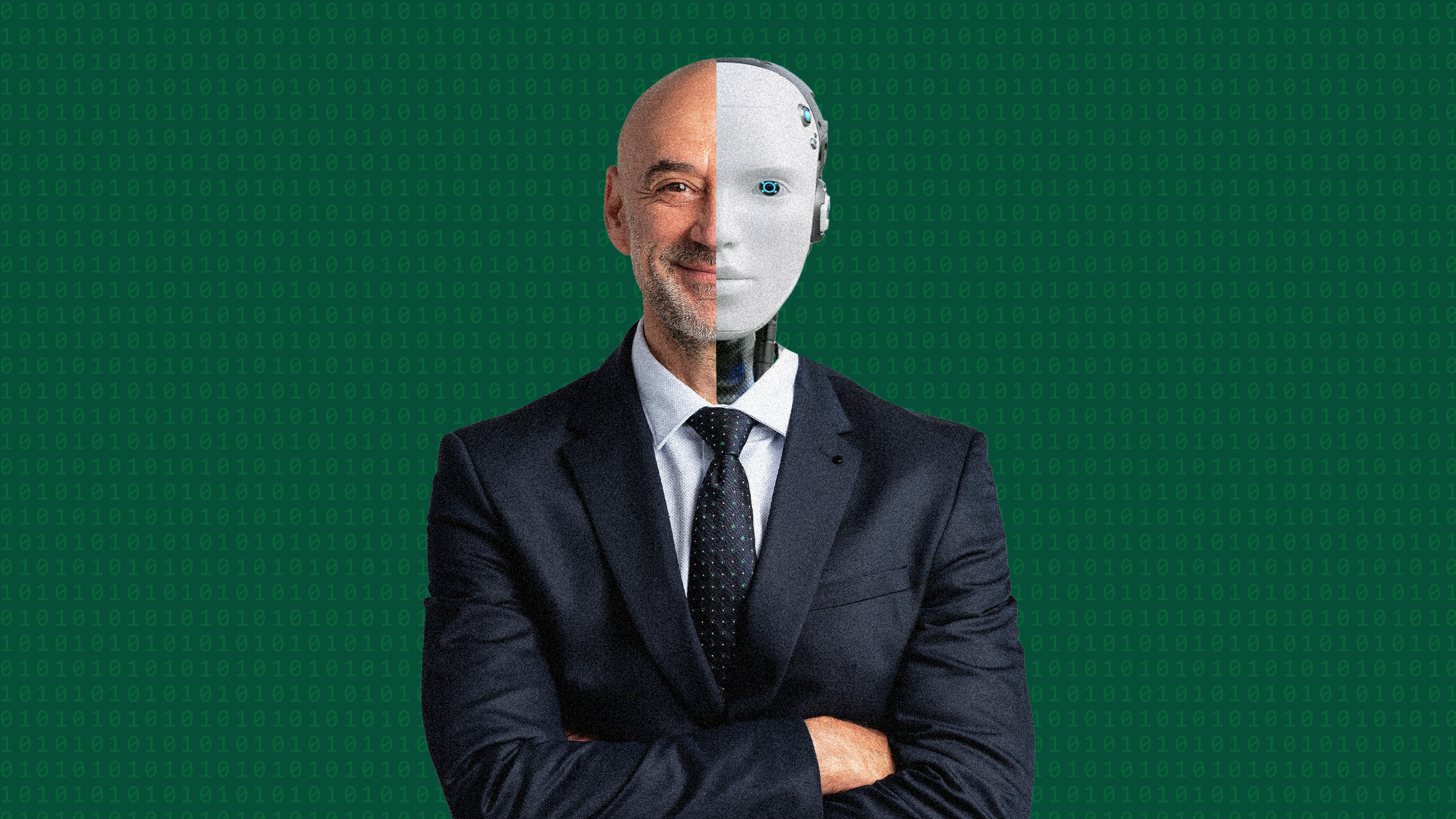 Photo illustration of a business man with a half robotic face, symbolizing the emergence of AI in financial advising