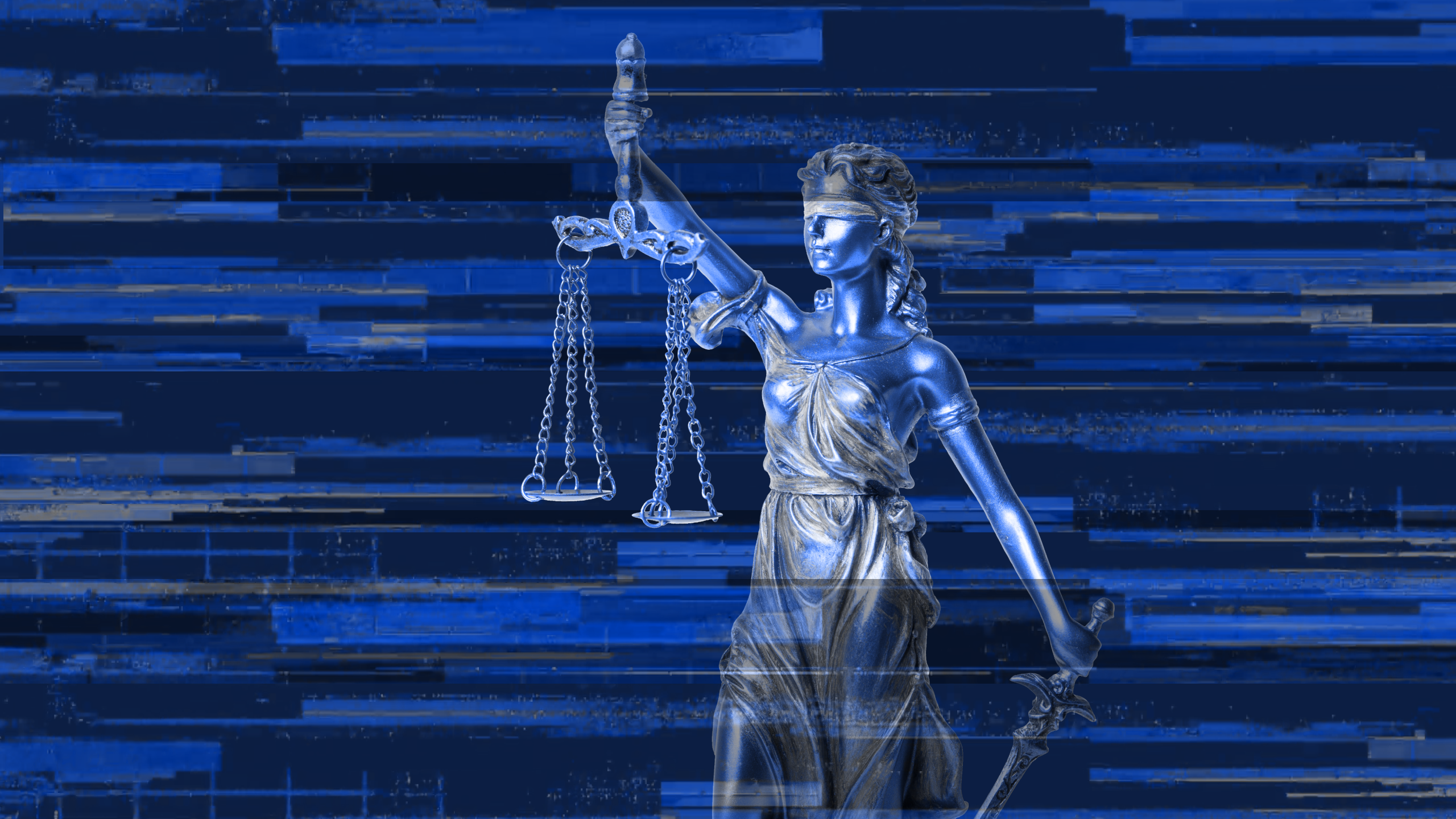 Photo illustration of the Lady Justice statue with computer glitch overlays superimposed, symbolizing the legal battle over AI use