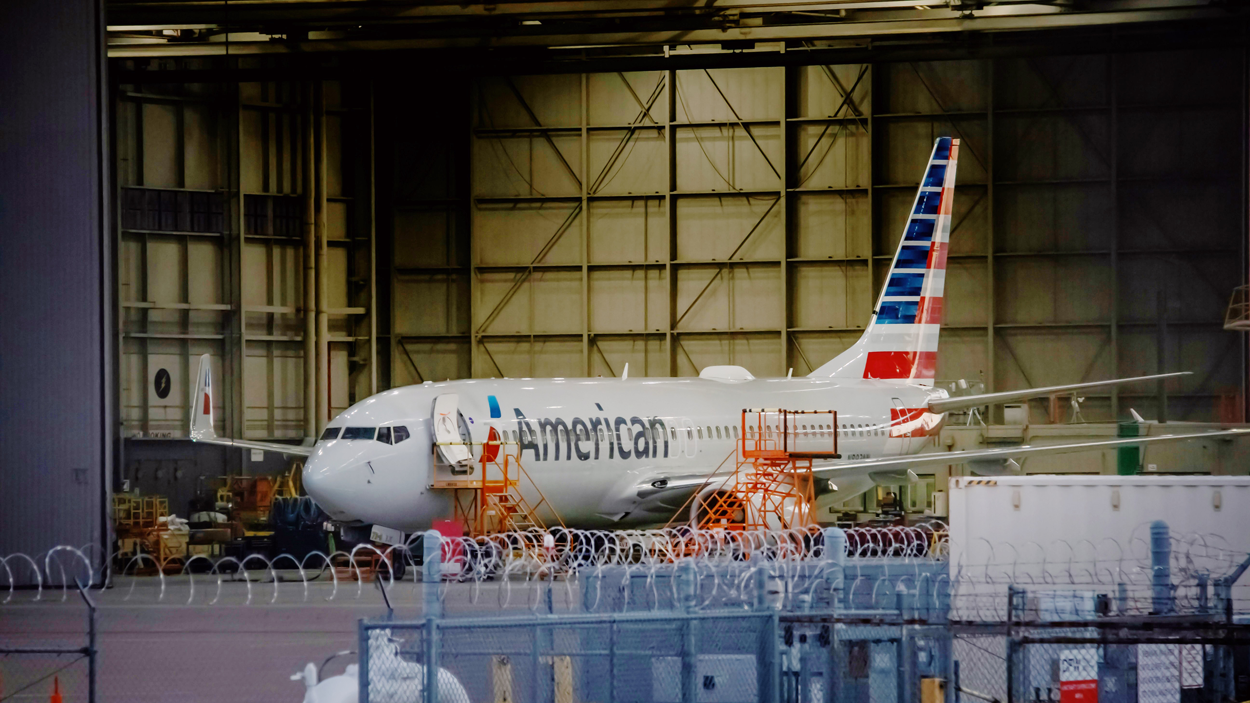 Photo of an American Airlines plane in a hangar