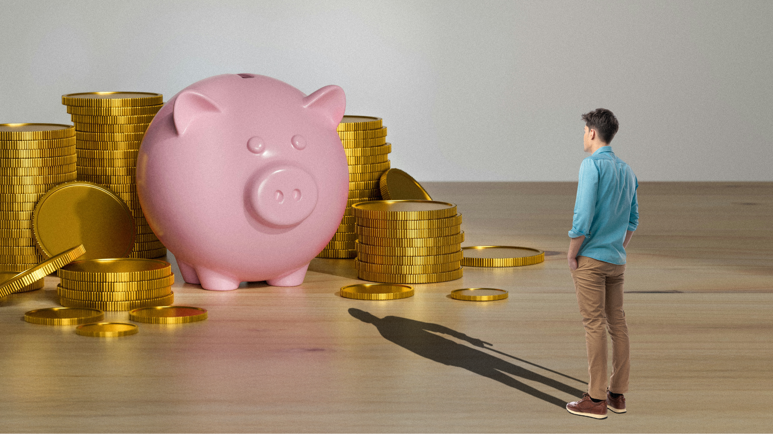 Photo illustration of a person with an elderly shadow staring at a piggy bank