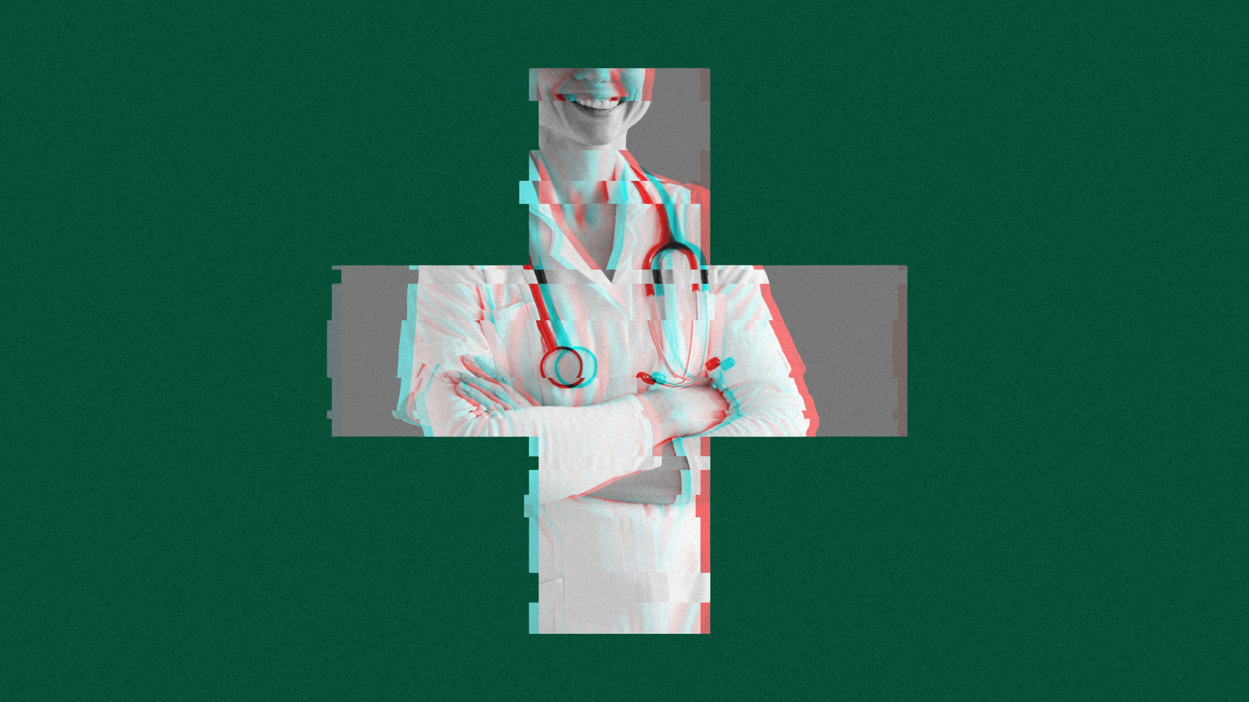 Photo of a doctor in a cross with a glitch overlay, symbolizing the cybersecurity risks in healthcare