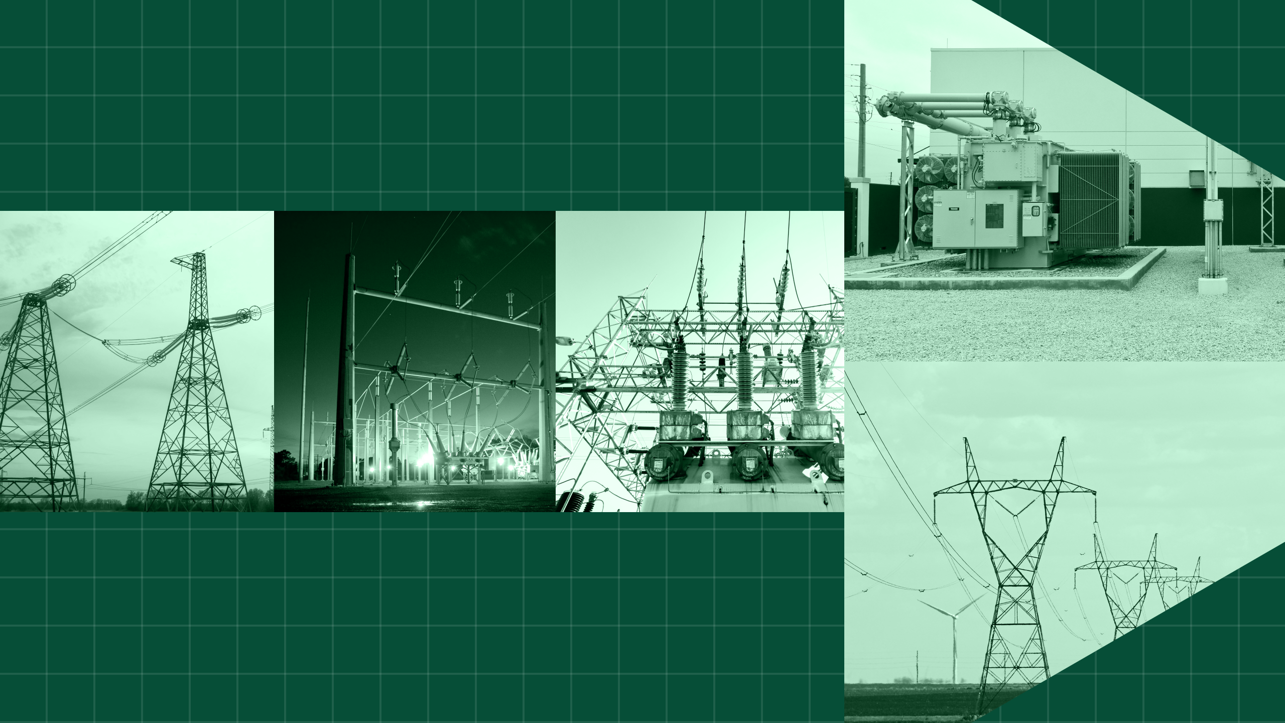 Photo collage of energy grid photos in the shape of a forward arrow