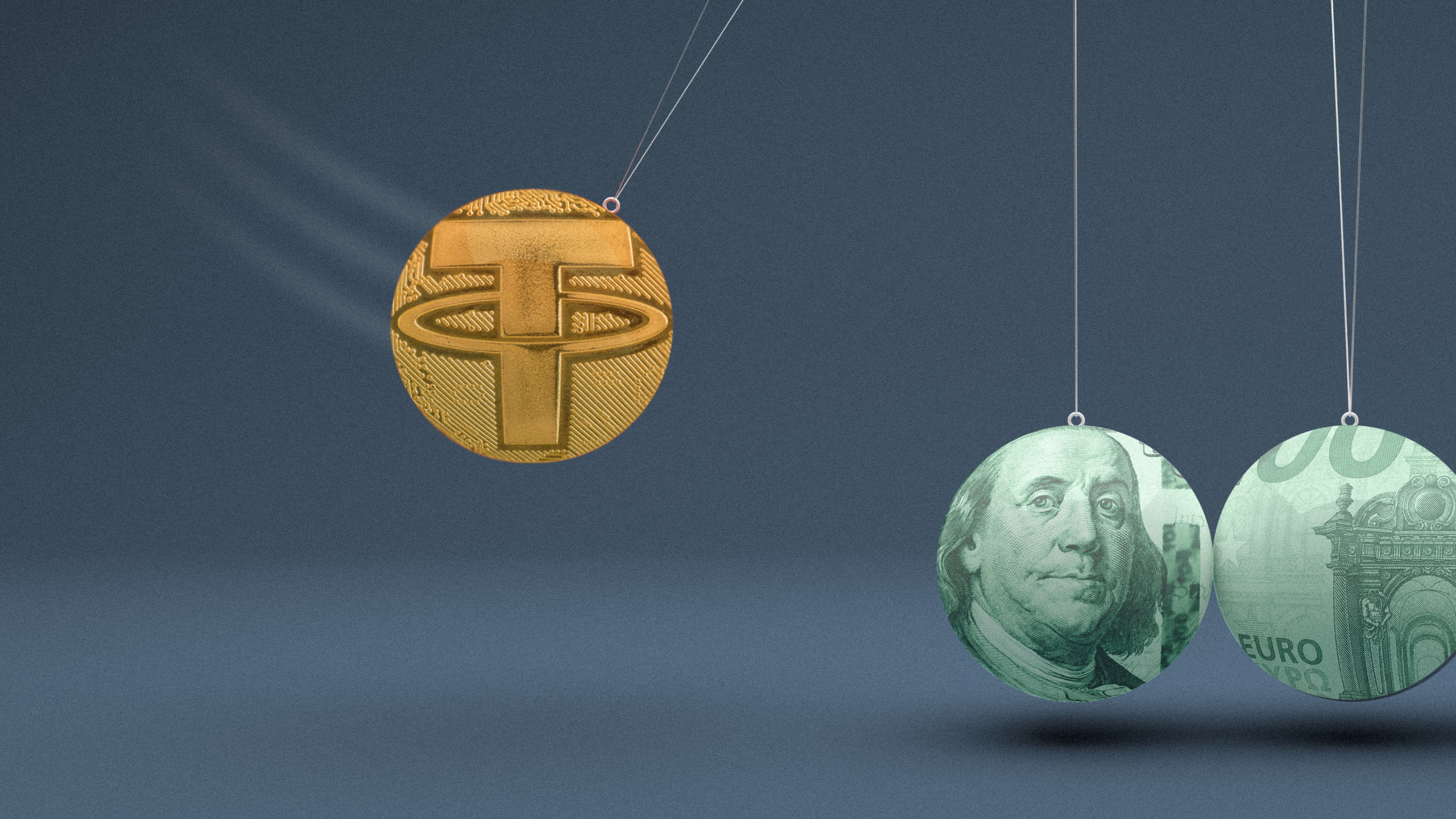 Photo illustration of a stablecoin on a pendulum about to make contact with the US dollar and the Euro