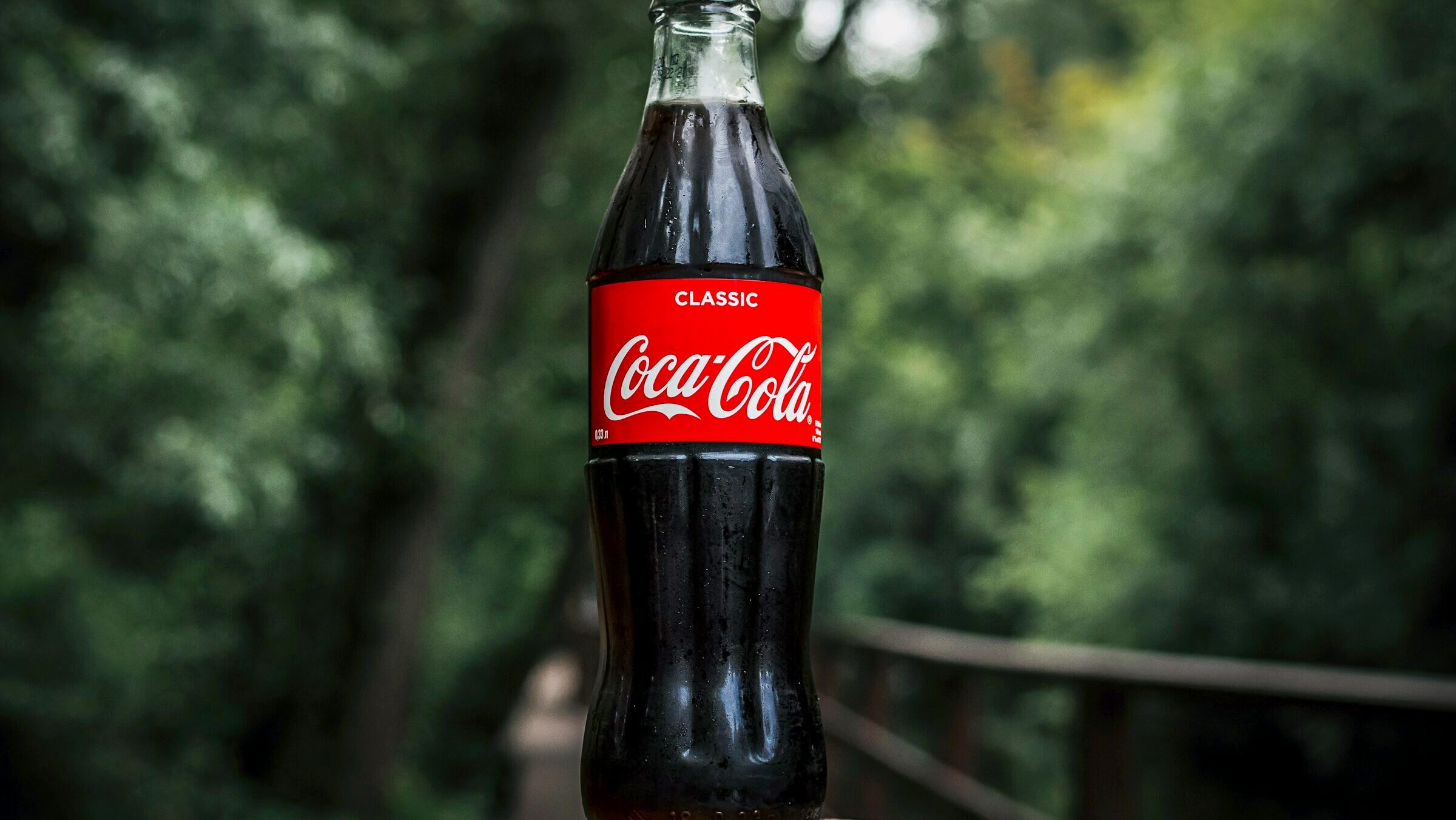 A glass bottle of Coca Cola is seen in the foreground in front of a forest hiking path.