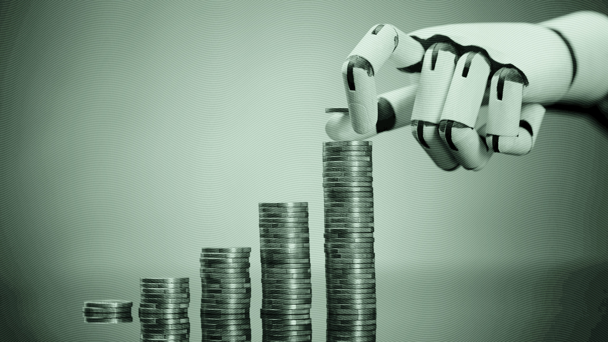 Close-up Of A Robot's Hand Stacking Golden Coins On Turquoise Background.