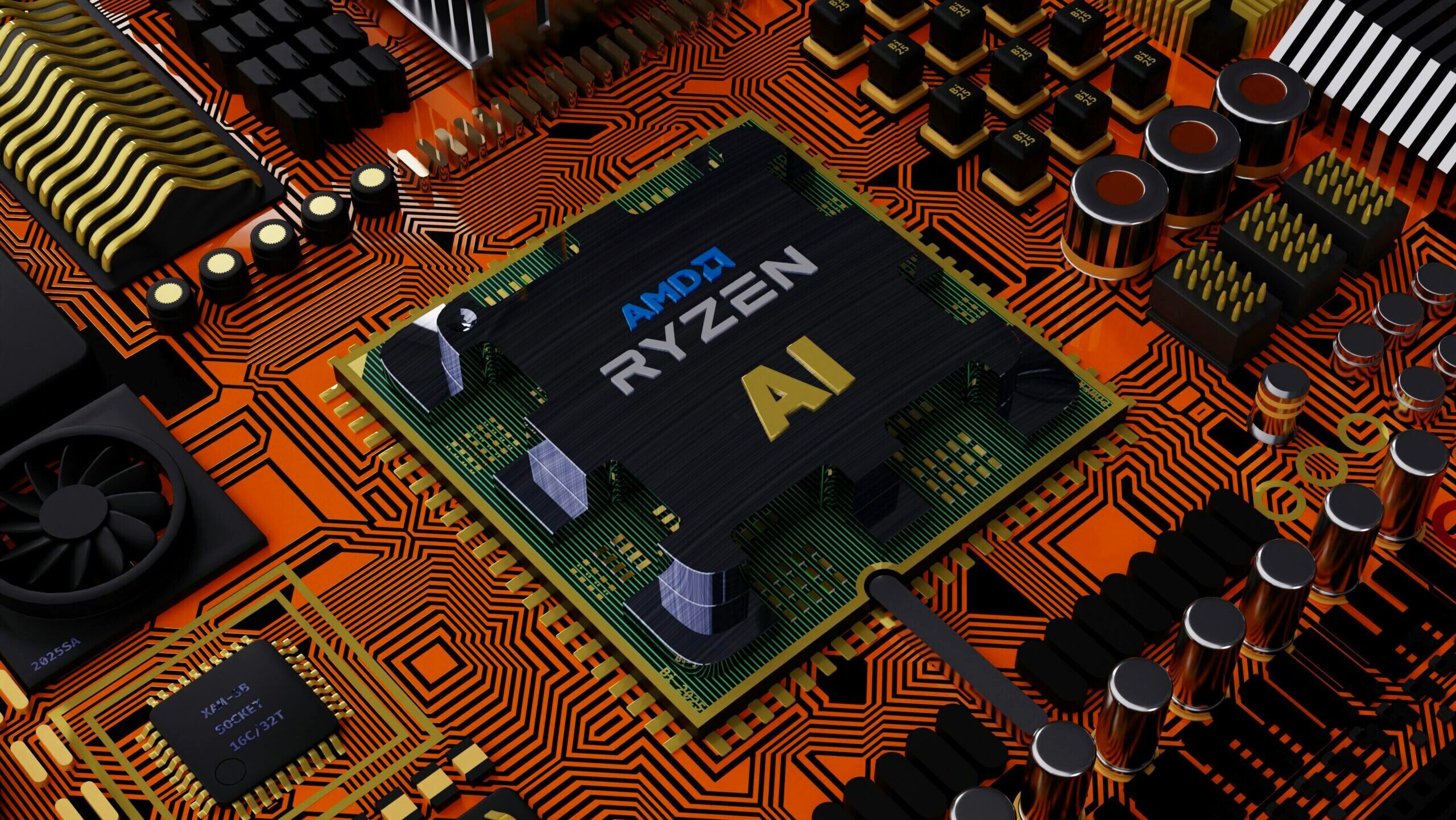 A 3-D rendering of an AMD computer processing chip on a motherboard is shown.