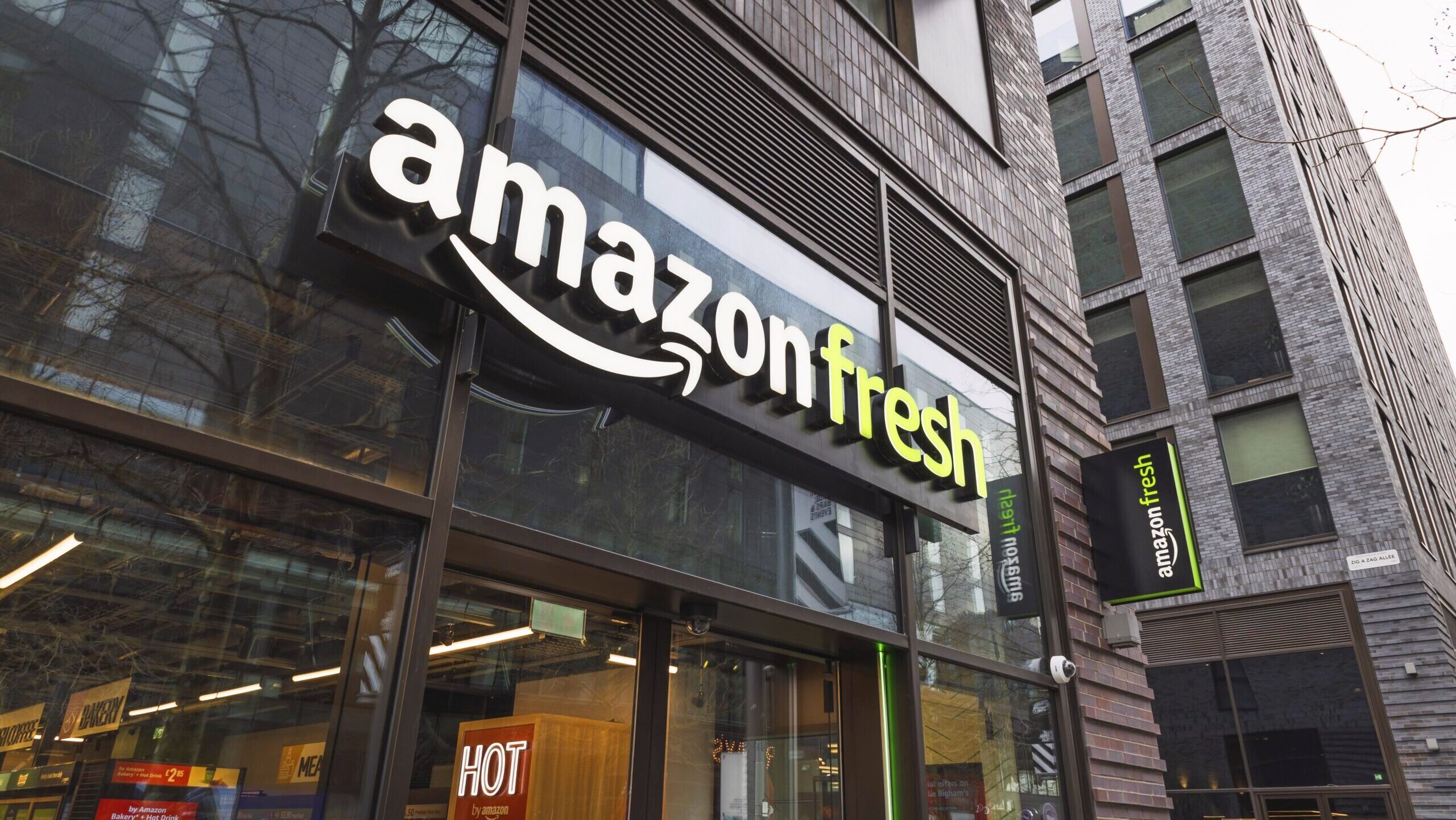 The facade of an Amazon Fresh grocery store is shown.