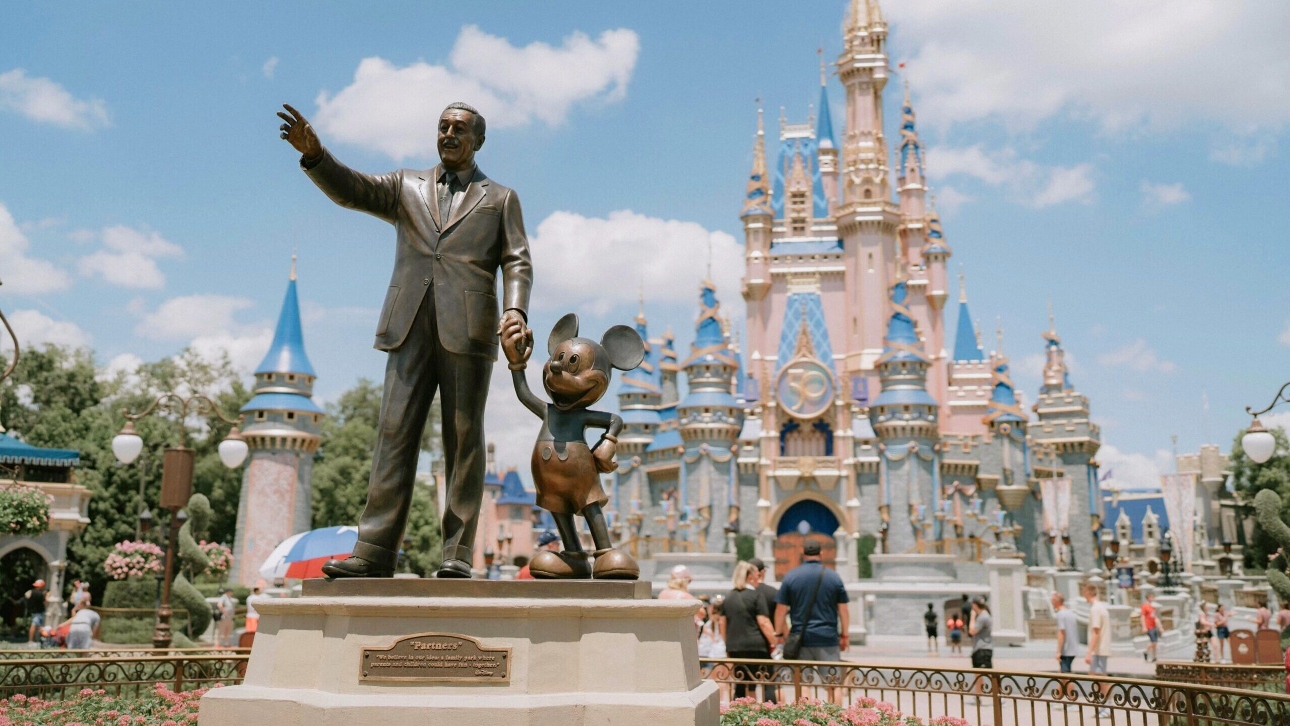 A statue of Walt Disney and Mickey Mouse is shown in front of a castle building at Disney's Magic Kingdom Park in Orlando, Florida.