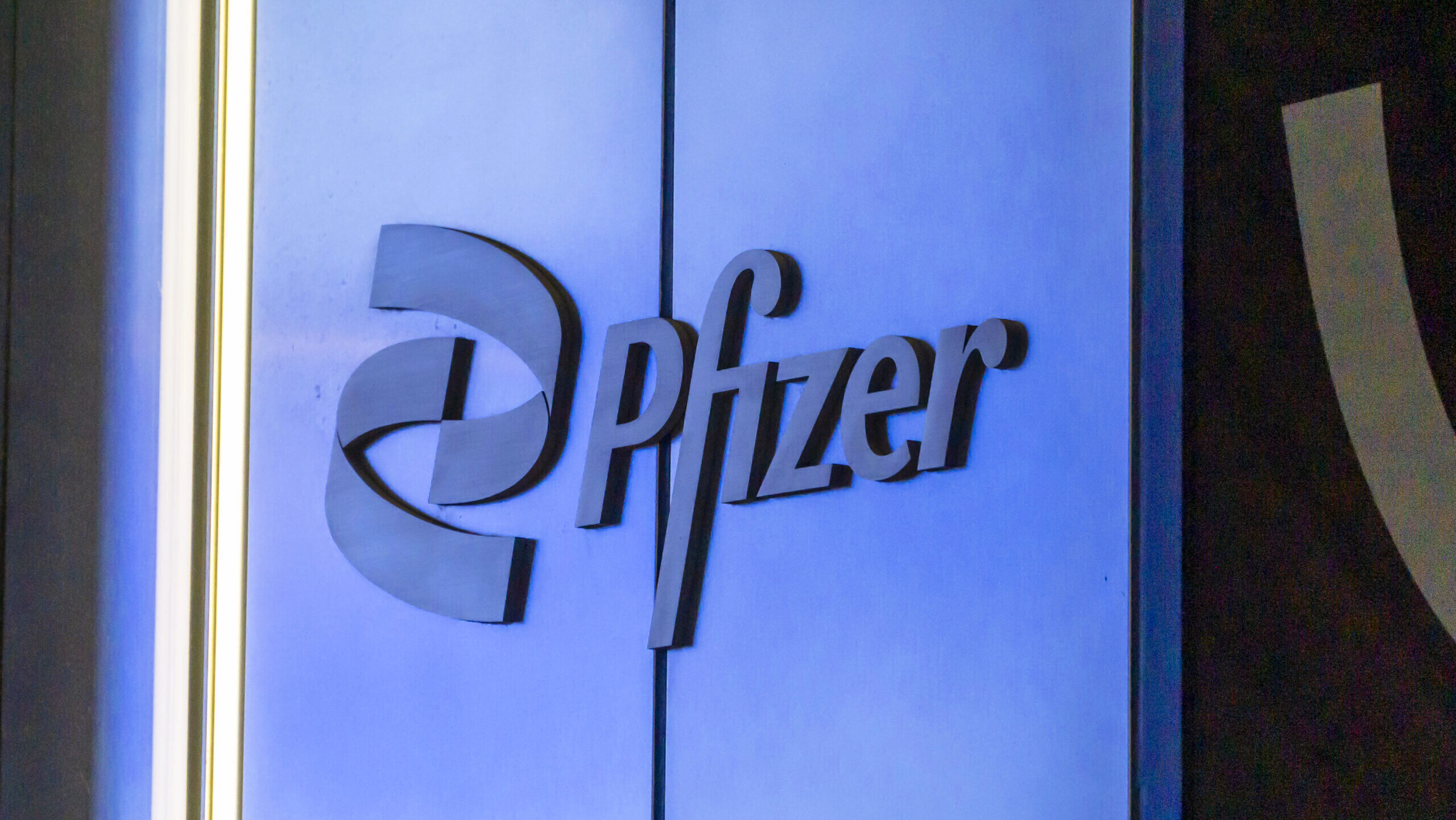 The Pfizer logo is shown at the company's New York City headquarters in the Hudson Yards development.