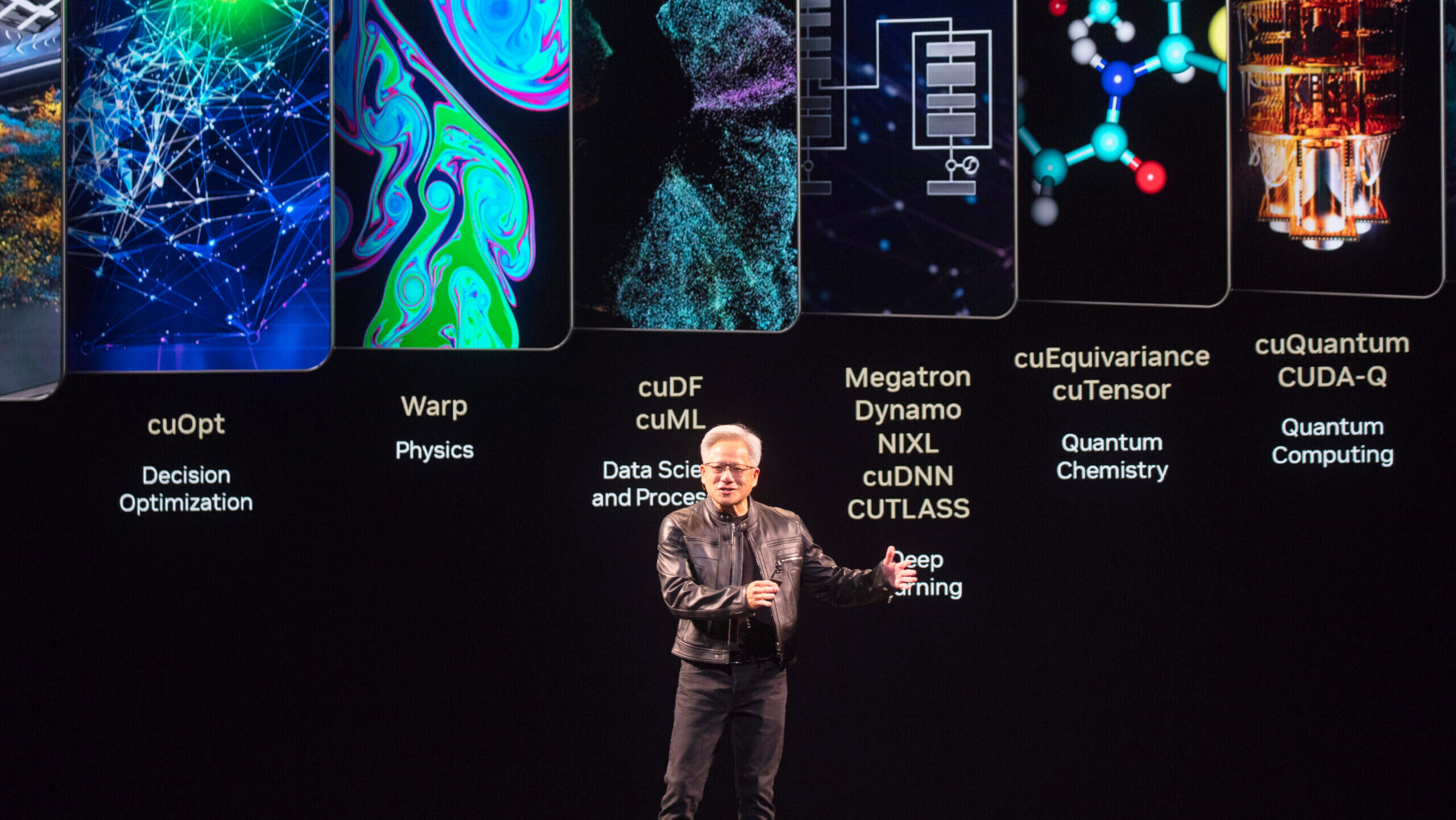 Nvidia CEO Jensen Huang stands on a stage to deliver a keynote address during a conference in Taipei.