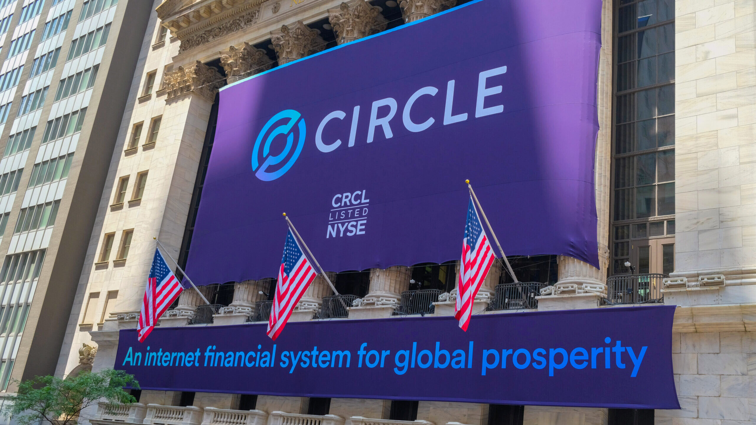 Circle's logo is displayed on a banner in front of the New York Stock exchange.