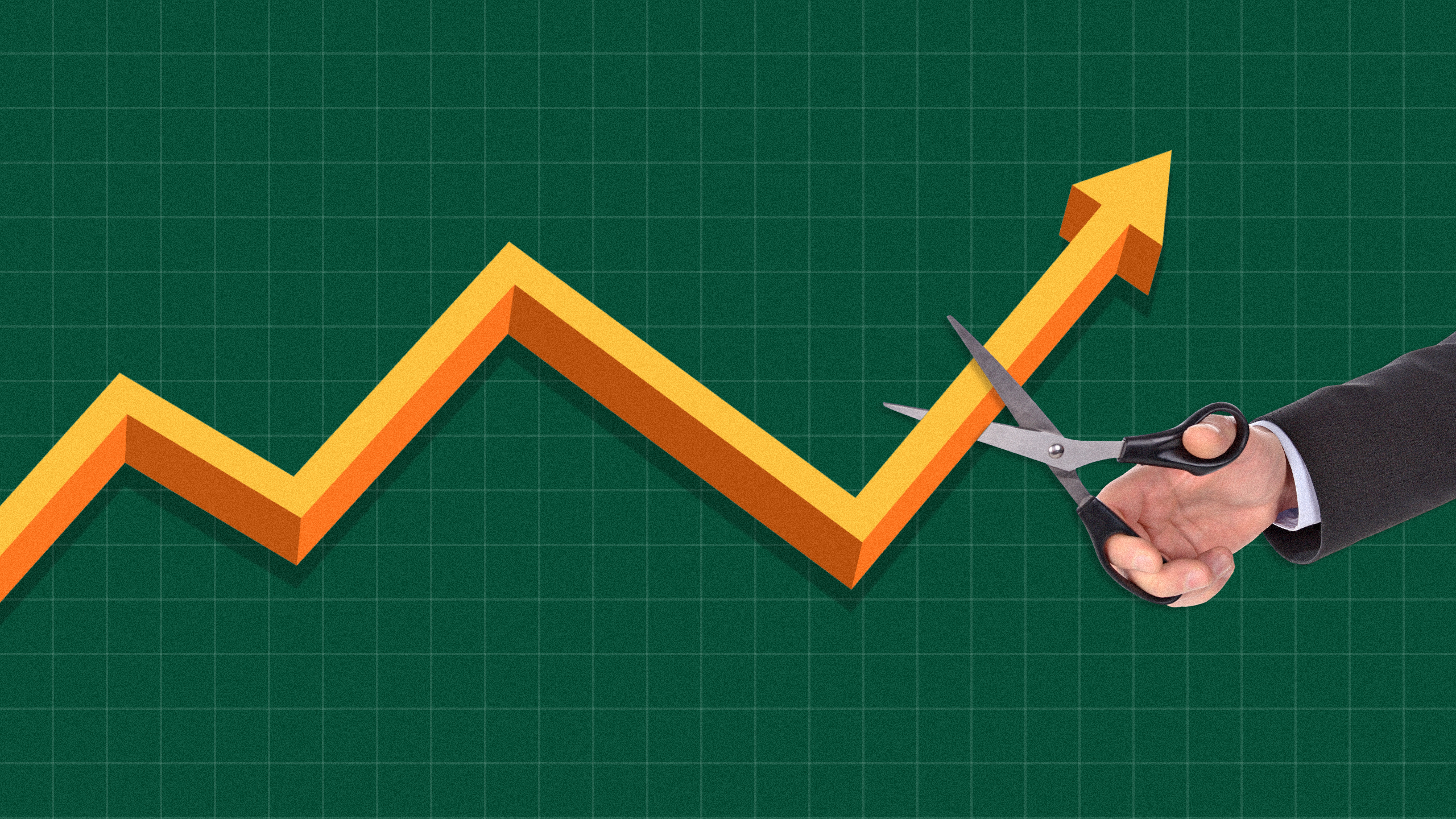 Photo illustration of a hand holding scissors cutting an upward line graph