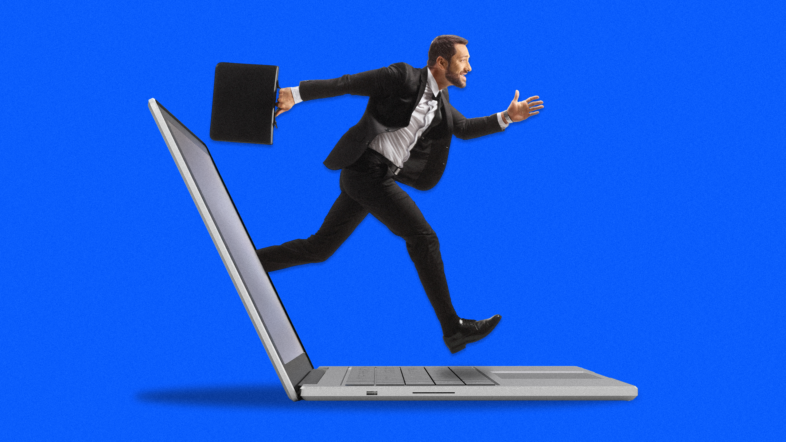 Photo illustration of a businessman jumping out of a laptop screen