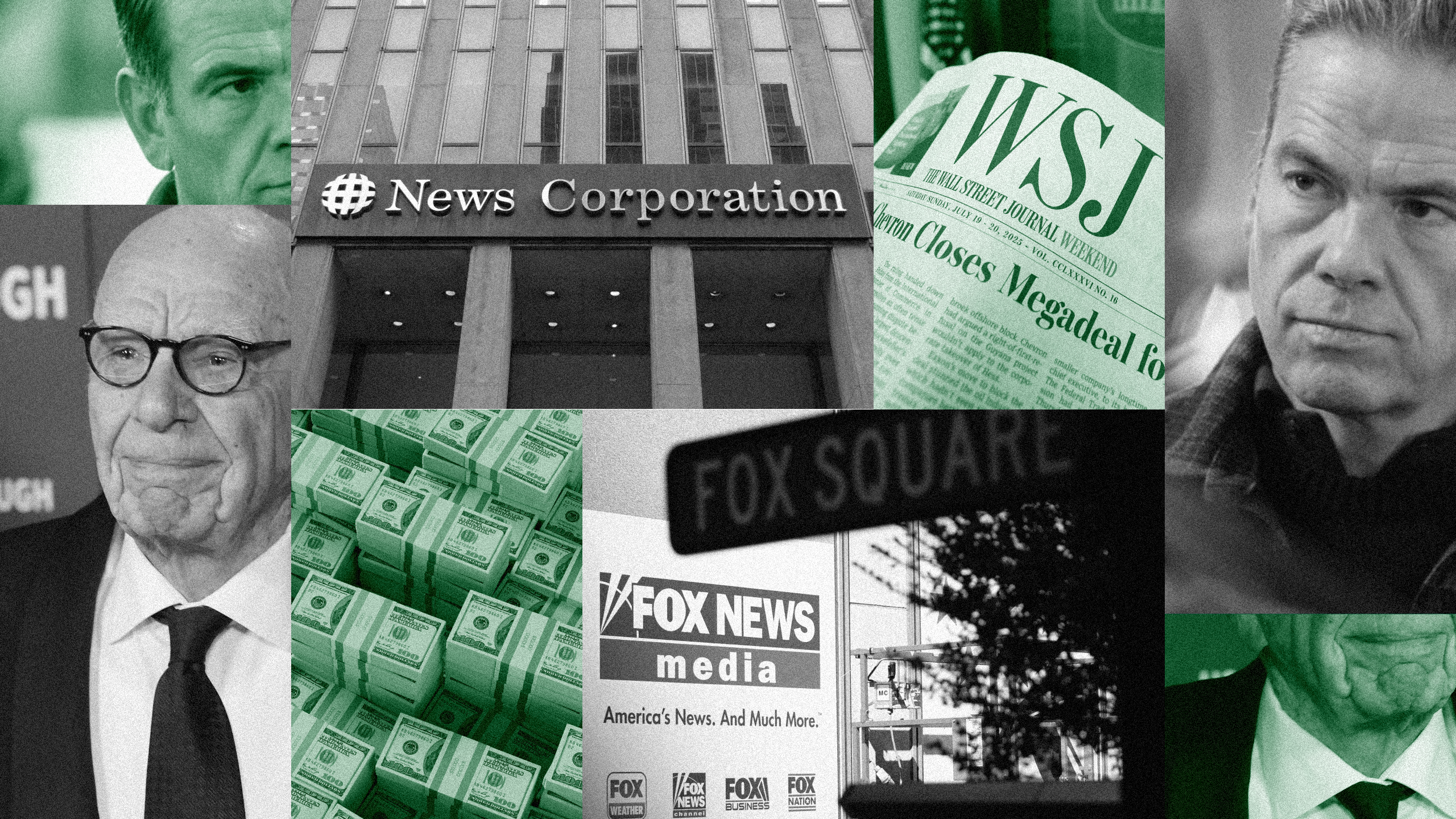 Photo collage of Rupert and Lachlan Murdoch, Fox Corporation, and News Corporation
