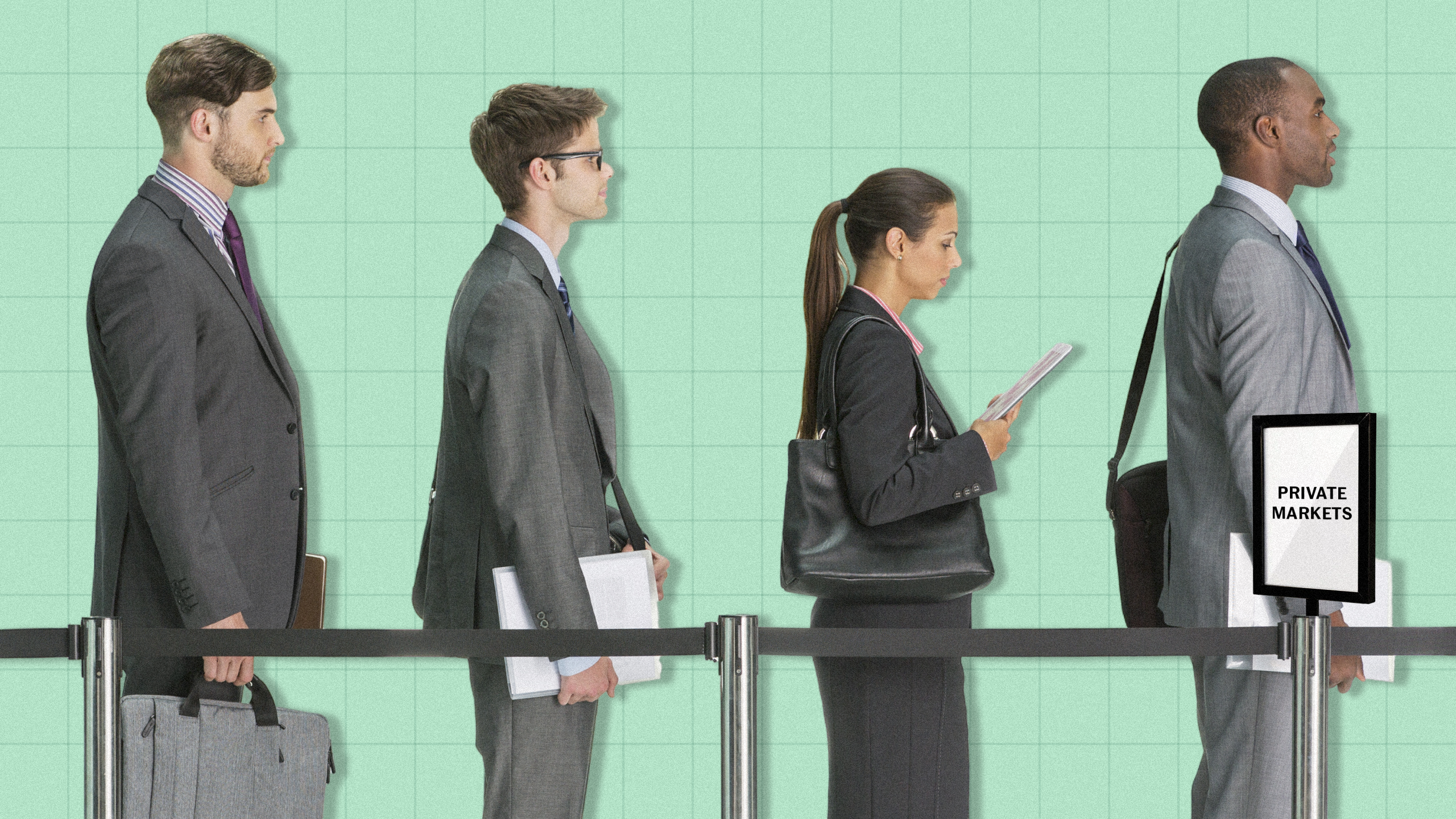 Photo illustration of business people queued in line in front of a sign reading "Private Markets"
