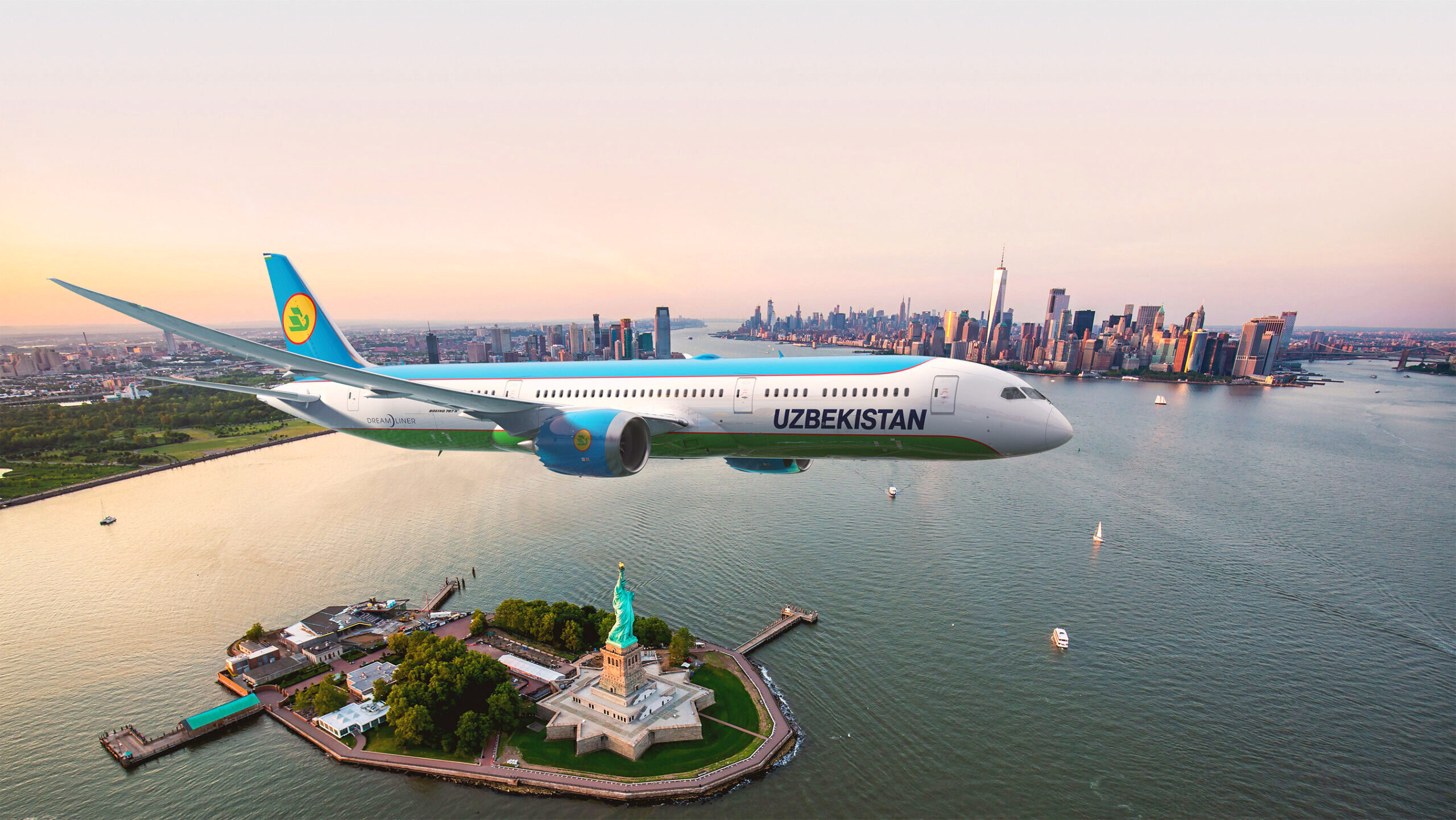 A mock-up image depicts a Boeing passenger jet with the Uzbekistan Airlines design painted on the side.