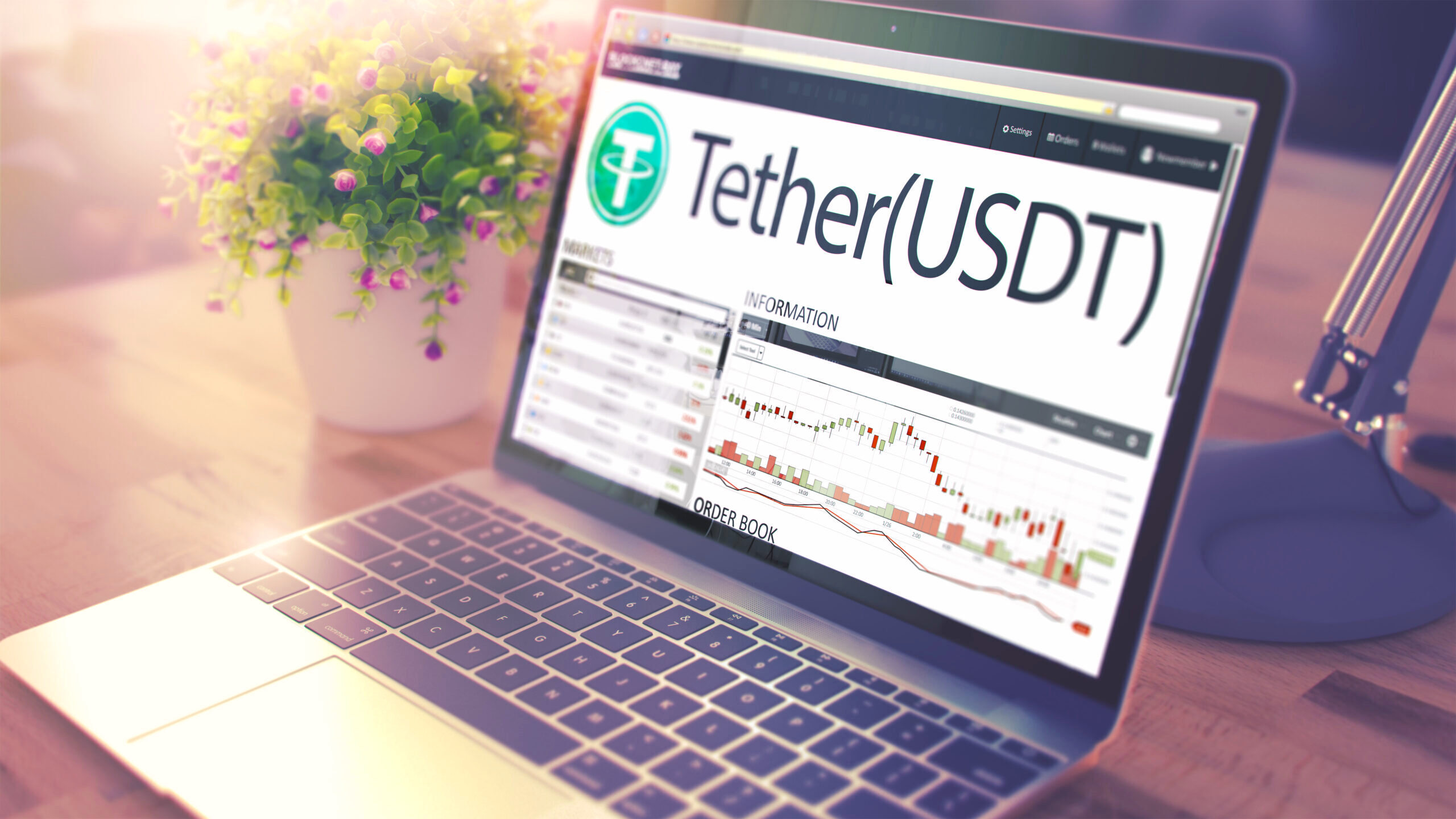 An illustrated scene depicts a laptop screen open to Tether's website on a work desk.