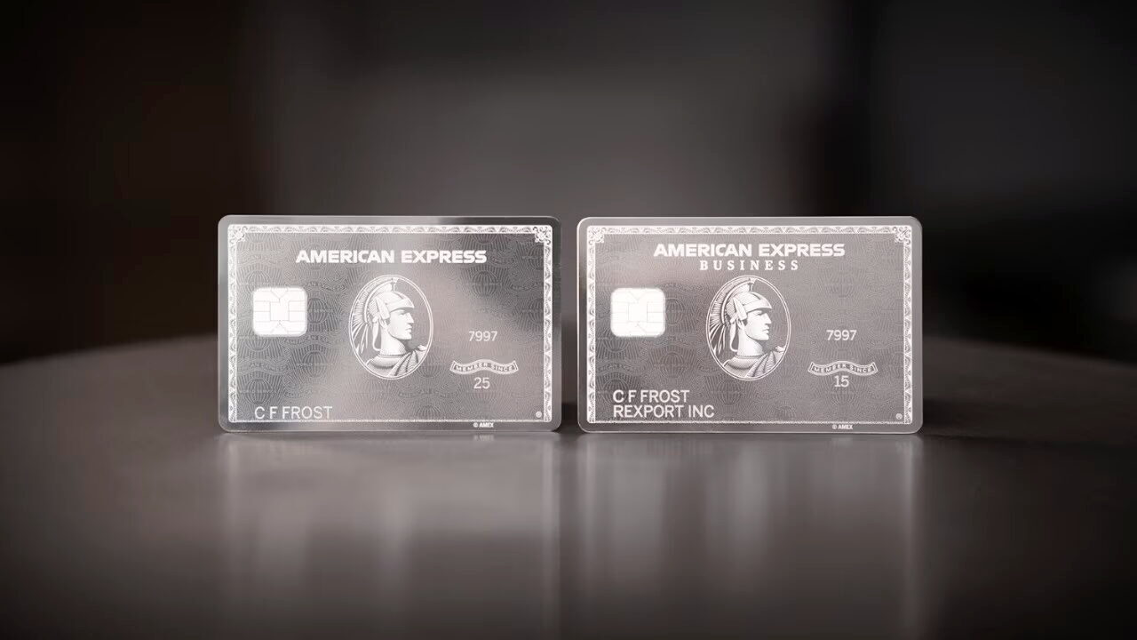 A sample of an American Express US Consumer card is shown next to one of the company's Business Platinum cards.