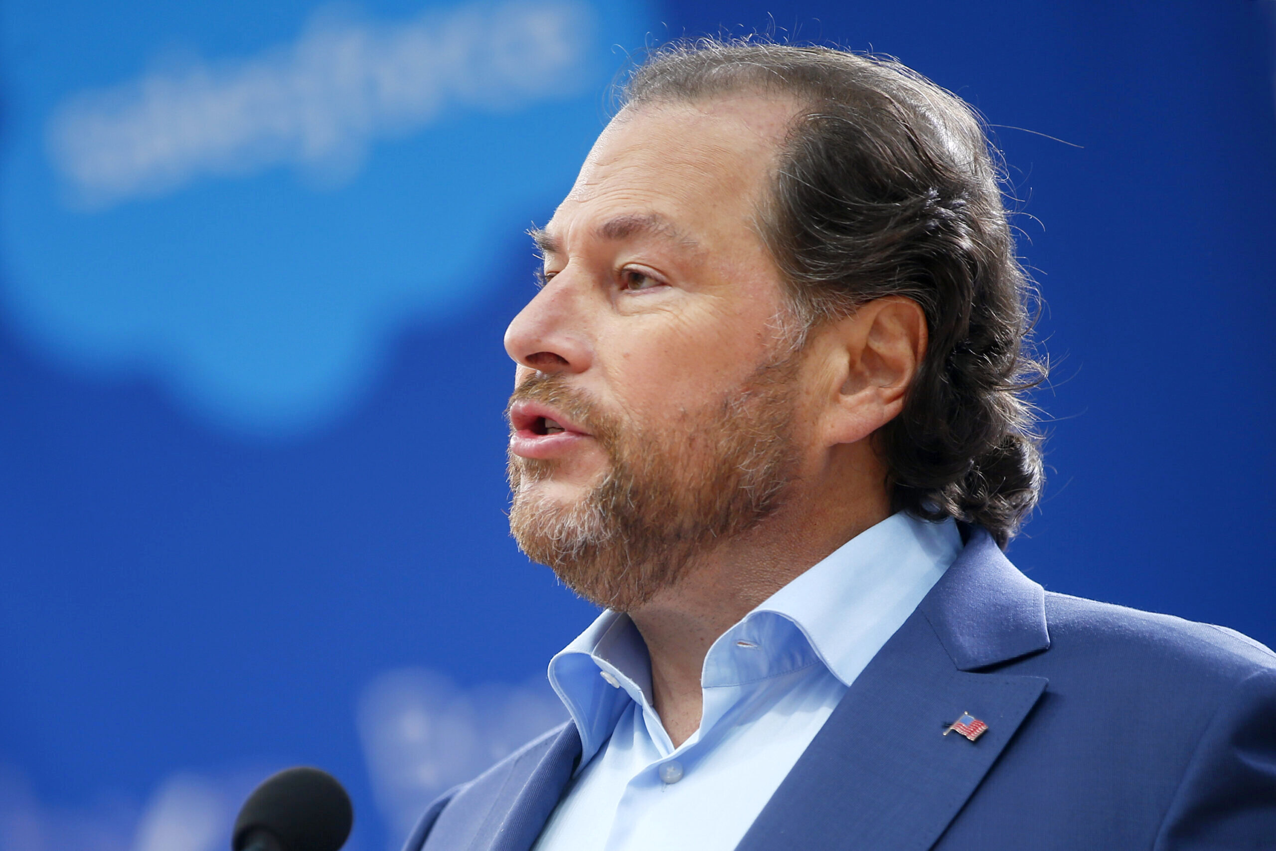 Salesforce founder and CEO Marc Benioff speaks during the grand opening of the Salesforce Tower, the tallest building in San Francisco, Calif., Tuesday, May 22, 2018. (Karl Mondon/Bay Area News Group/TNS) (Newscom TagID: krtphotoslive835493.jpg) [Photo via Newscom]