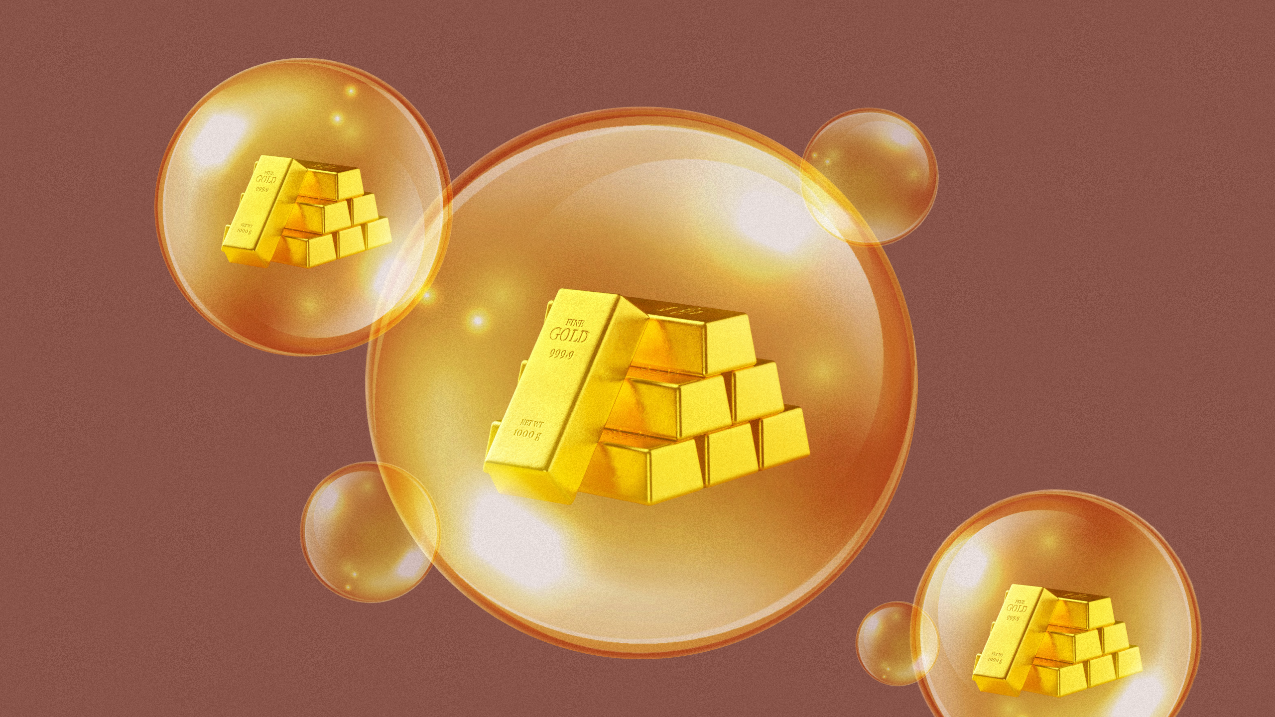 Photo illustration of gold bars inside gold bubbles