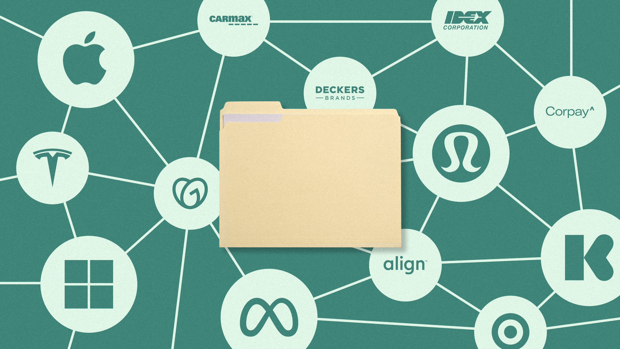Photo illustration of a file folder in front of a web of interconnected company logos