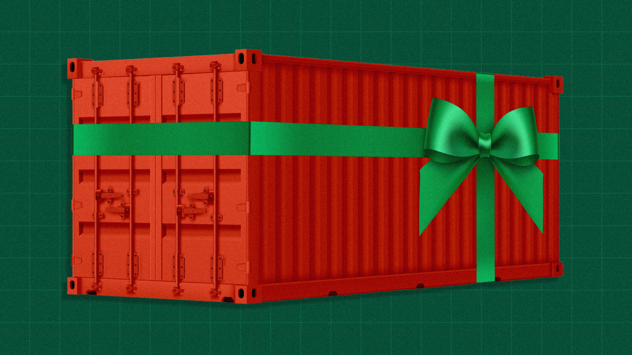 Photo illustration of a cargo shipping container wrapped in a bow