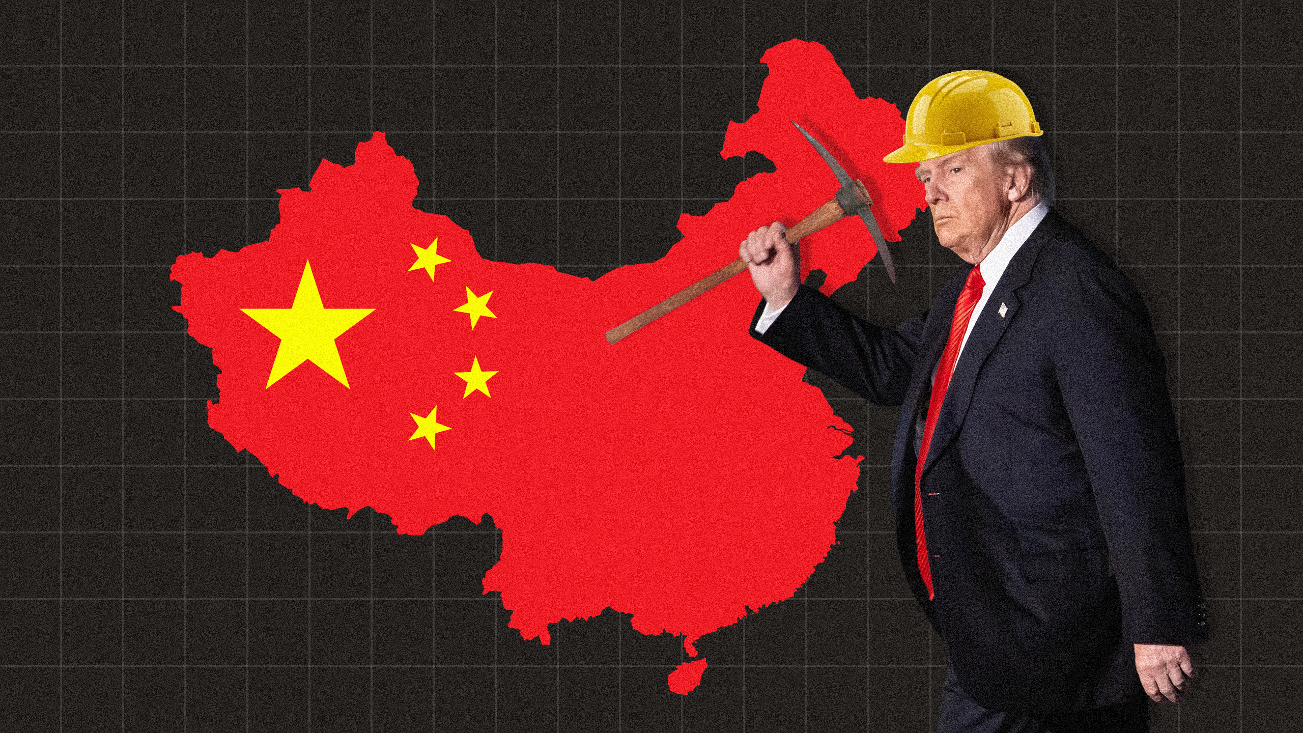 Photo illustration of Donald Trump in a yellow hard hat and holding a pickaxe in front of China