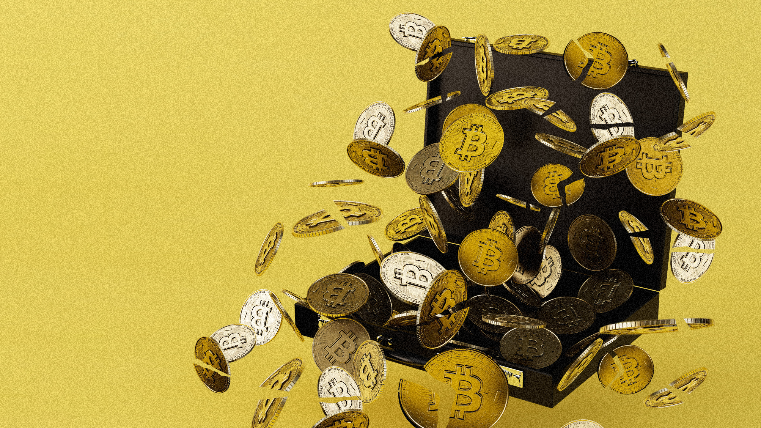 Photo illustration of Bitcoins spilling out of a briefcase, many of them cracked into two pieces
