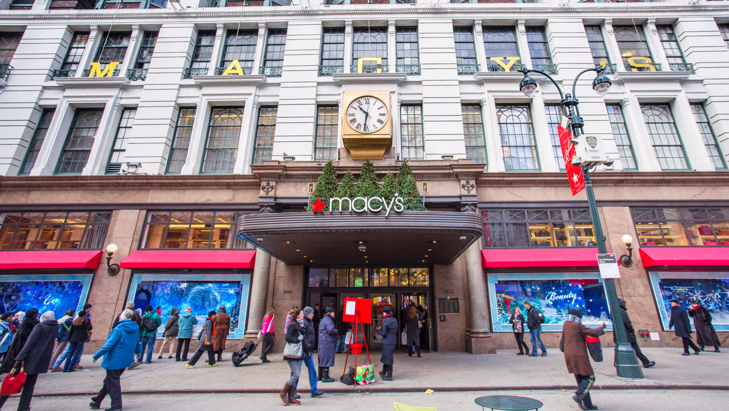 A holiday window display is shown outside Macy's Herald Square in midtown Manhattan.