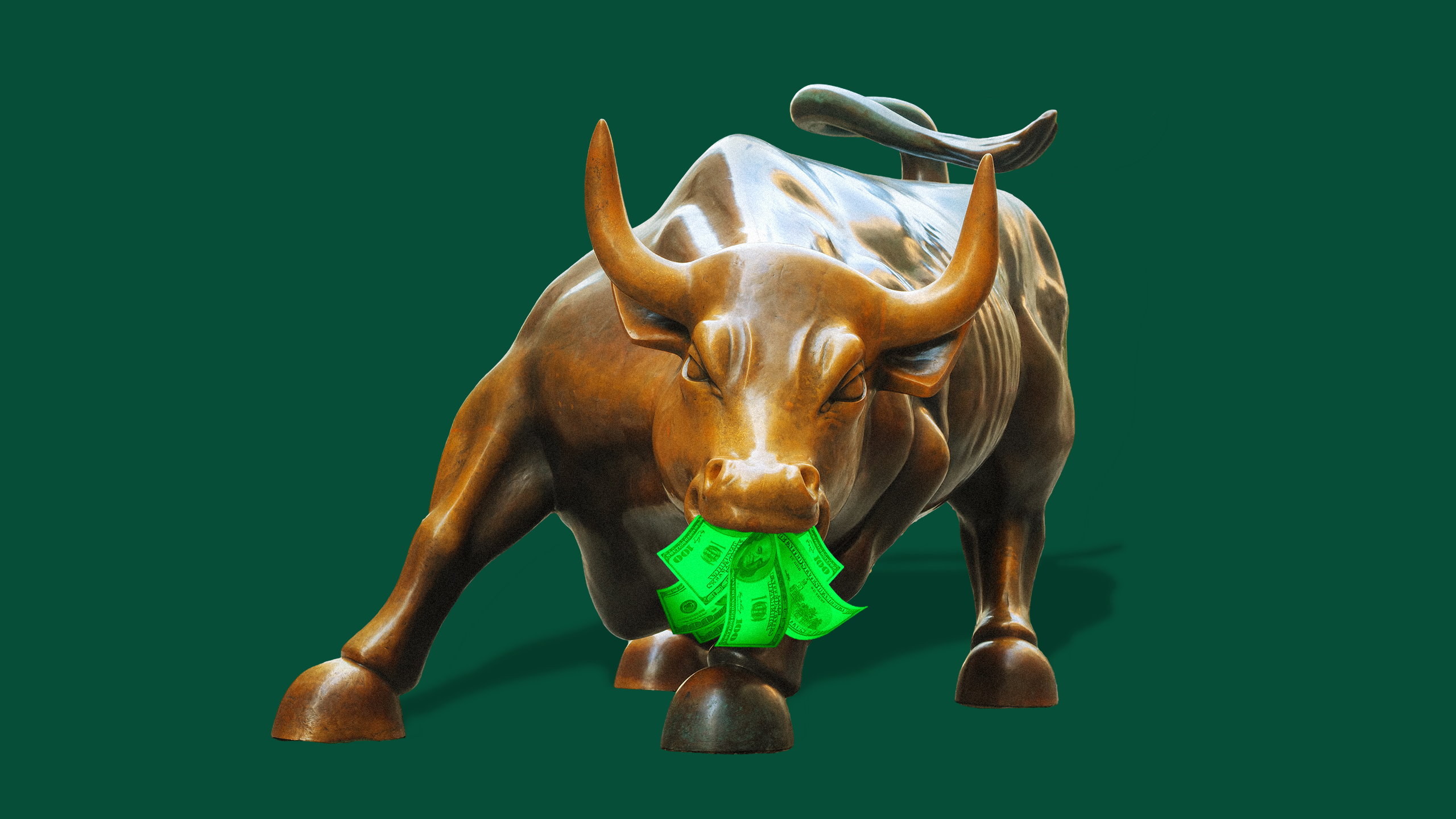 Photo illustration of the Wall Street bull holding multiple one hundred dollar bills in its mouth