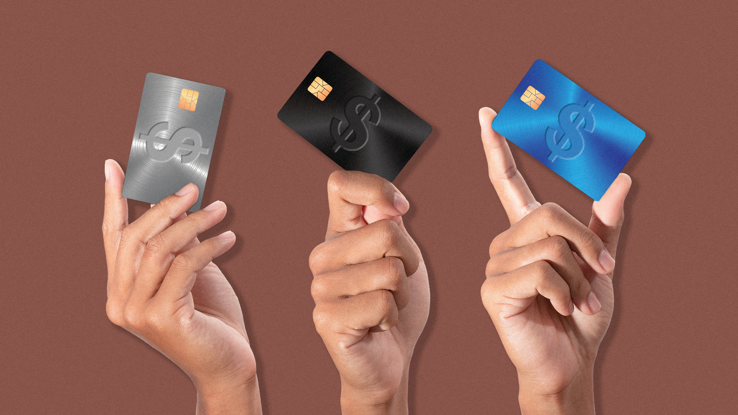 Photo illustration of three hands holding a credit card