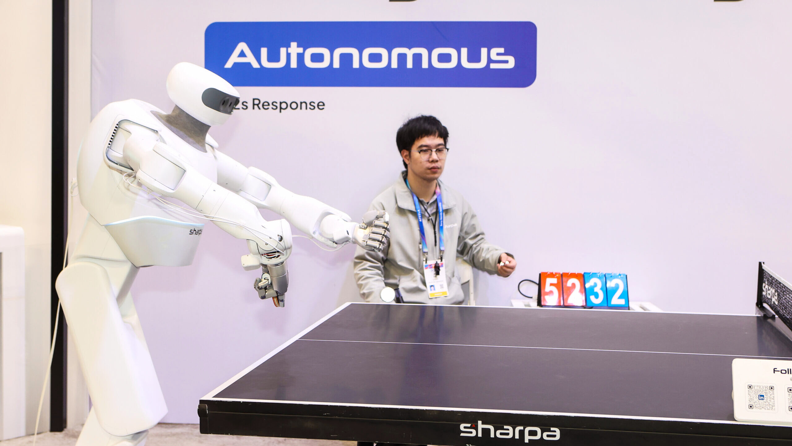 Photo of a Sharpa robot playing table tennis at the Consumer Electronics Show.