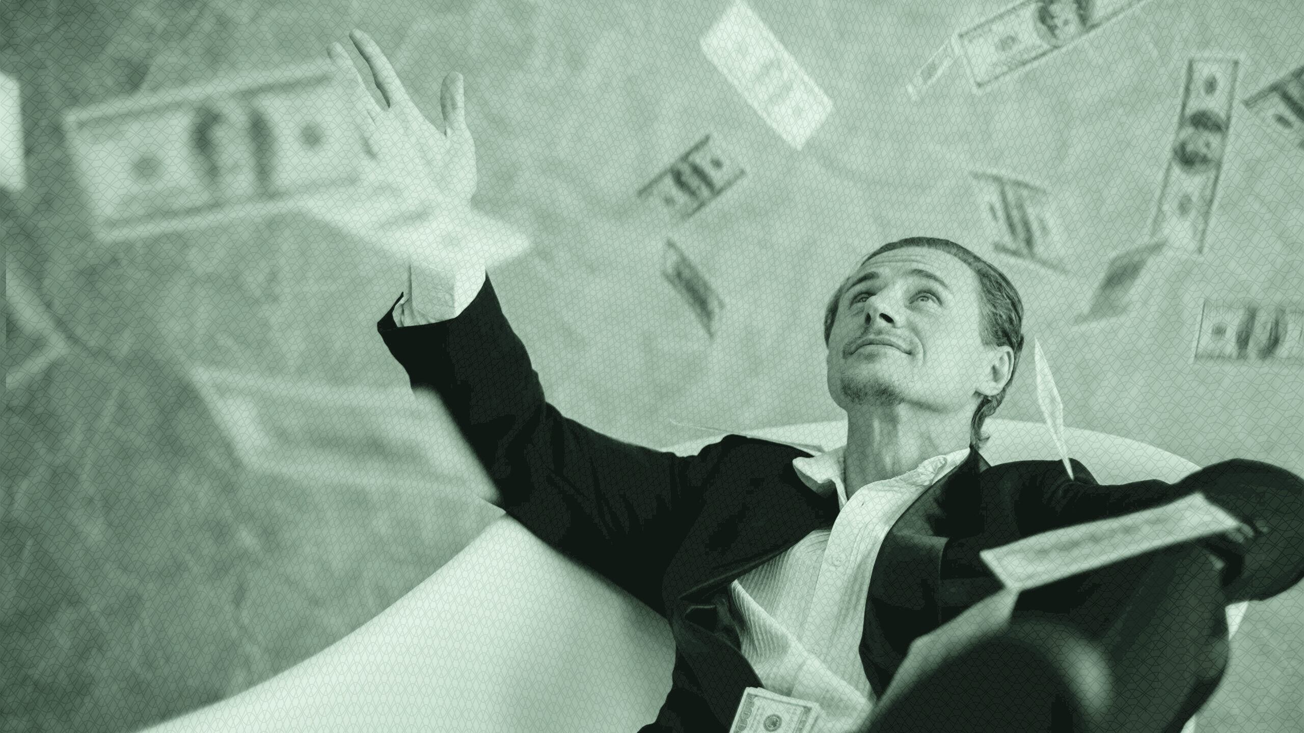 A rich man throwing money up in the air.