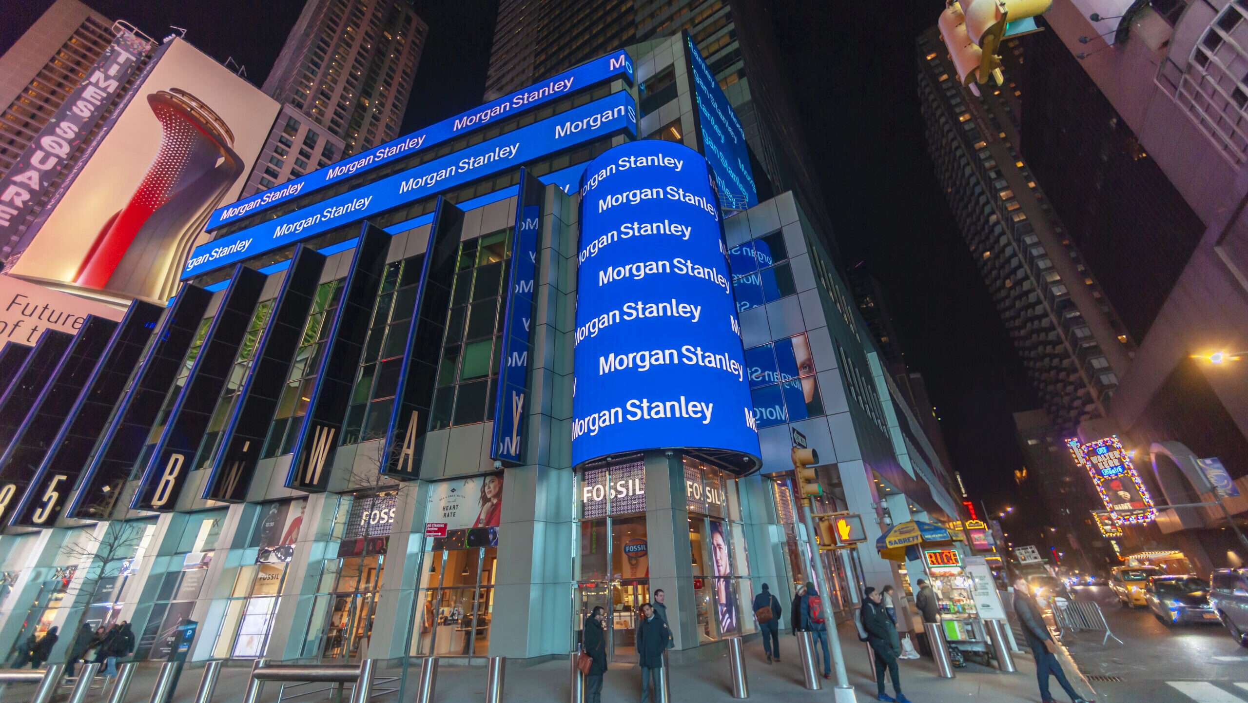 Photo of Morgan Stanley promotional displays outside a New York building.