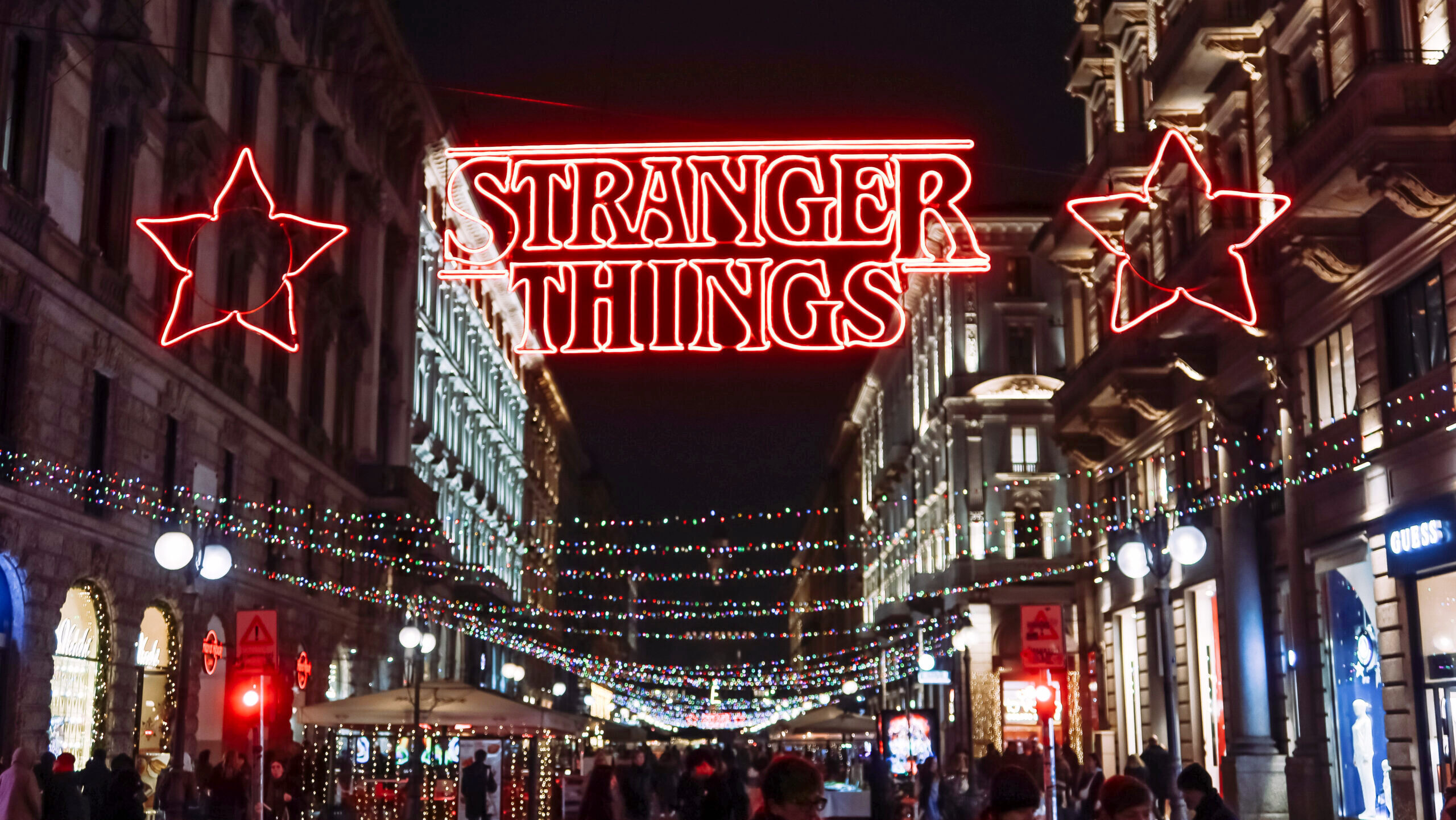 Photo of a Stranger Things Christmas lights display in Milan, Italy.
