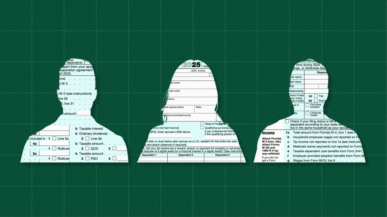 Photo illustration of three silhouettes of people filled with 1040 tax forms