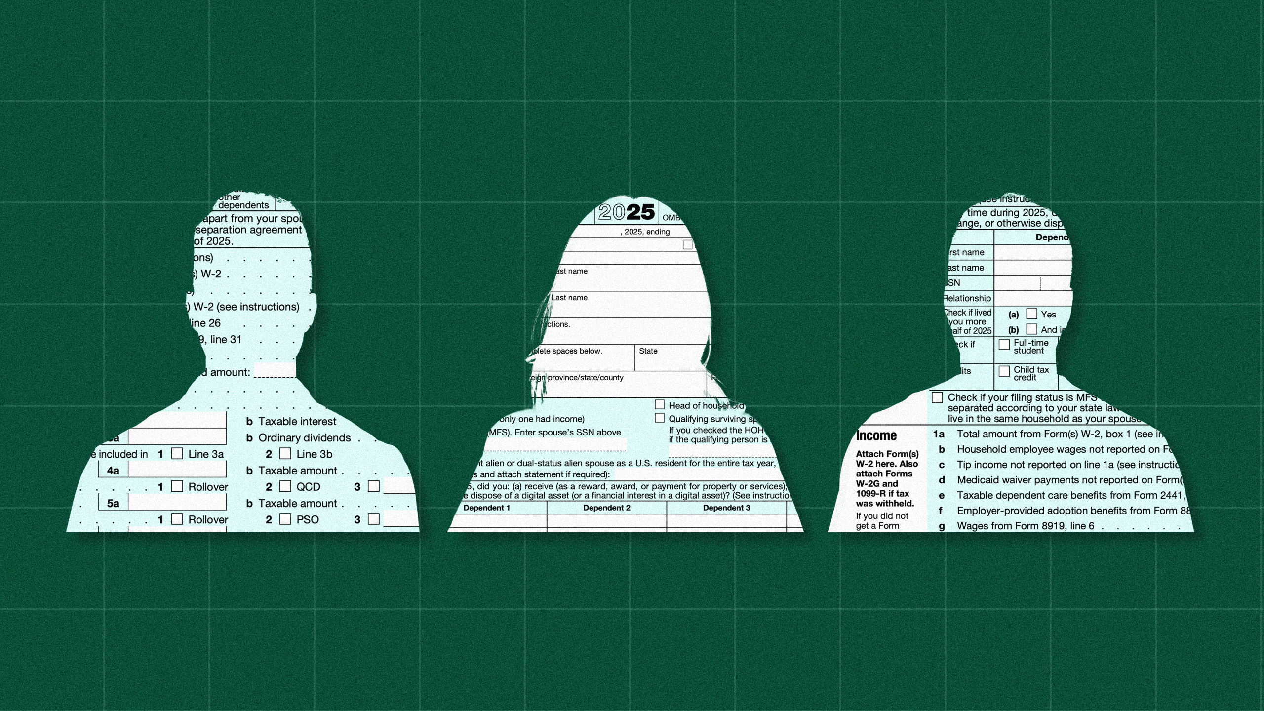 Photo illustration of three silhouettes of people filled with 1040 tax forms
