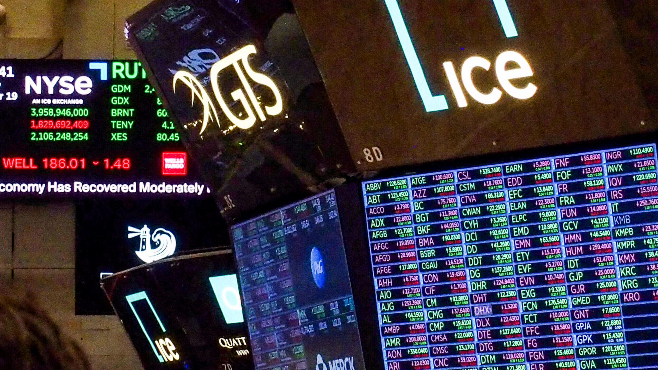 Photo of market data displays on the trading floor of the New York Stock Exchange.